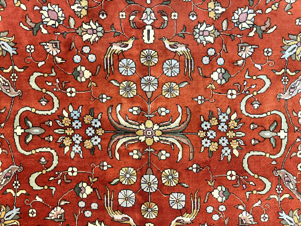 Romanian Rug 10x13, Vintage Handmade Wool Carpet, Floral Pattern, Birds, Red and Cream, Signed By Masterweaver, Persian Rug