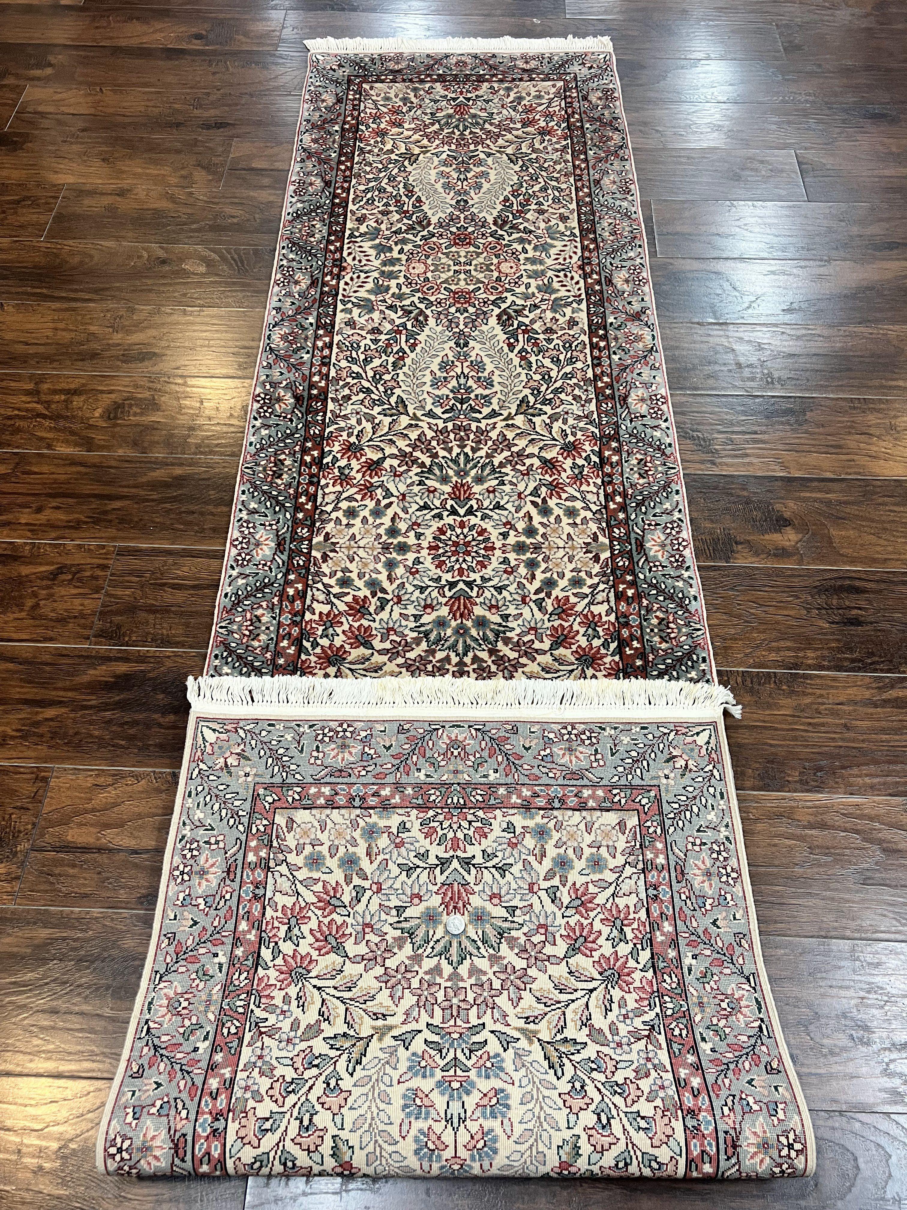 Sino Persian Runner Rug 2.7 x 10, Floral Kirman Lavar Carpet for Hallway, Cream, Handmade Wool Vintage Rug