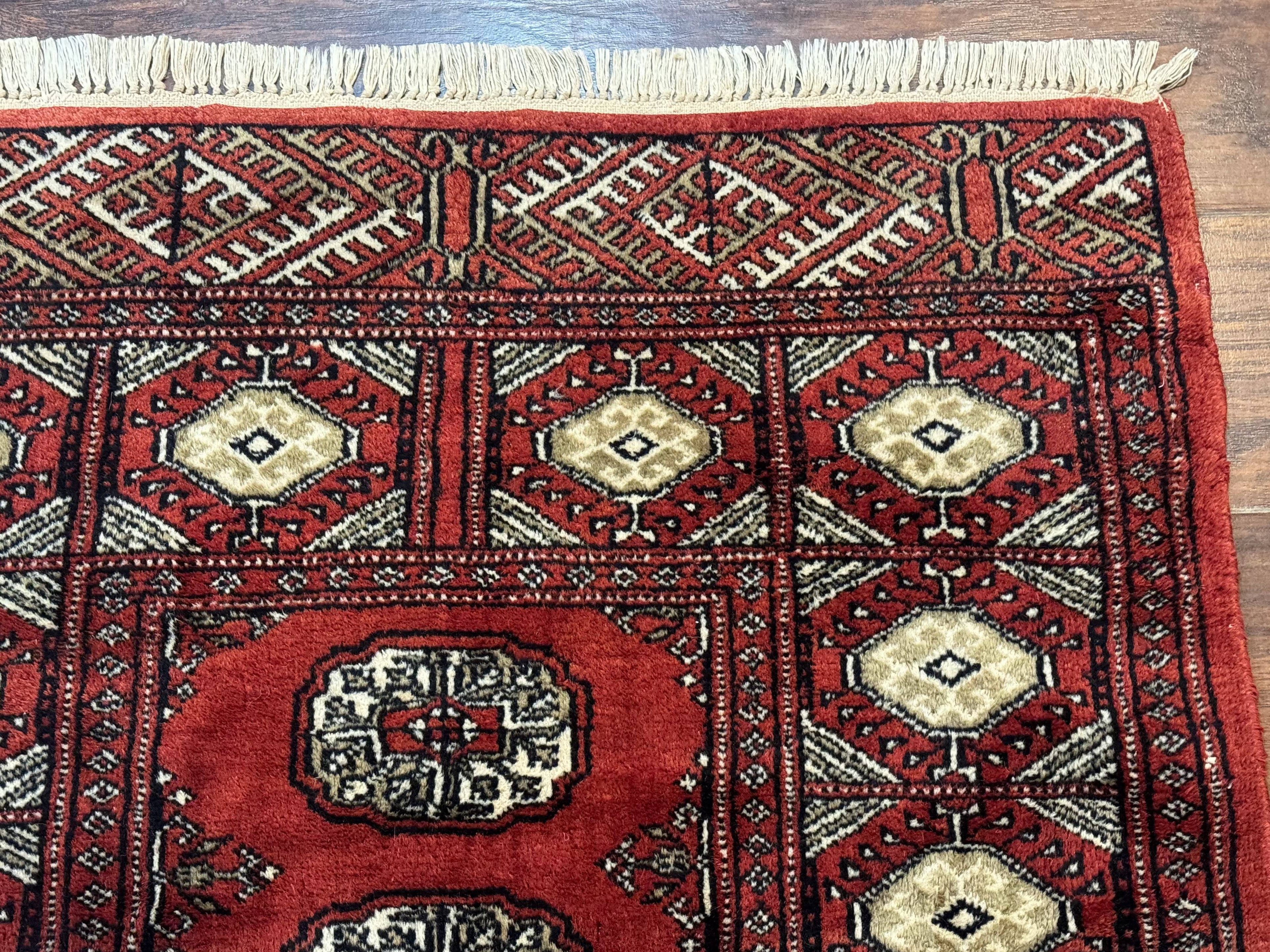 Red Pakistani Turkoman Rug 3x5, Bokhara Design, Vintage, Signed