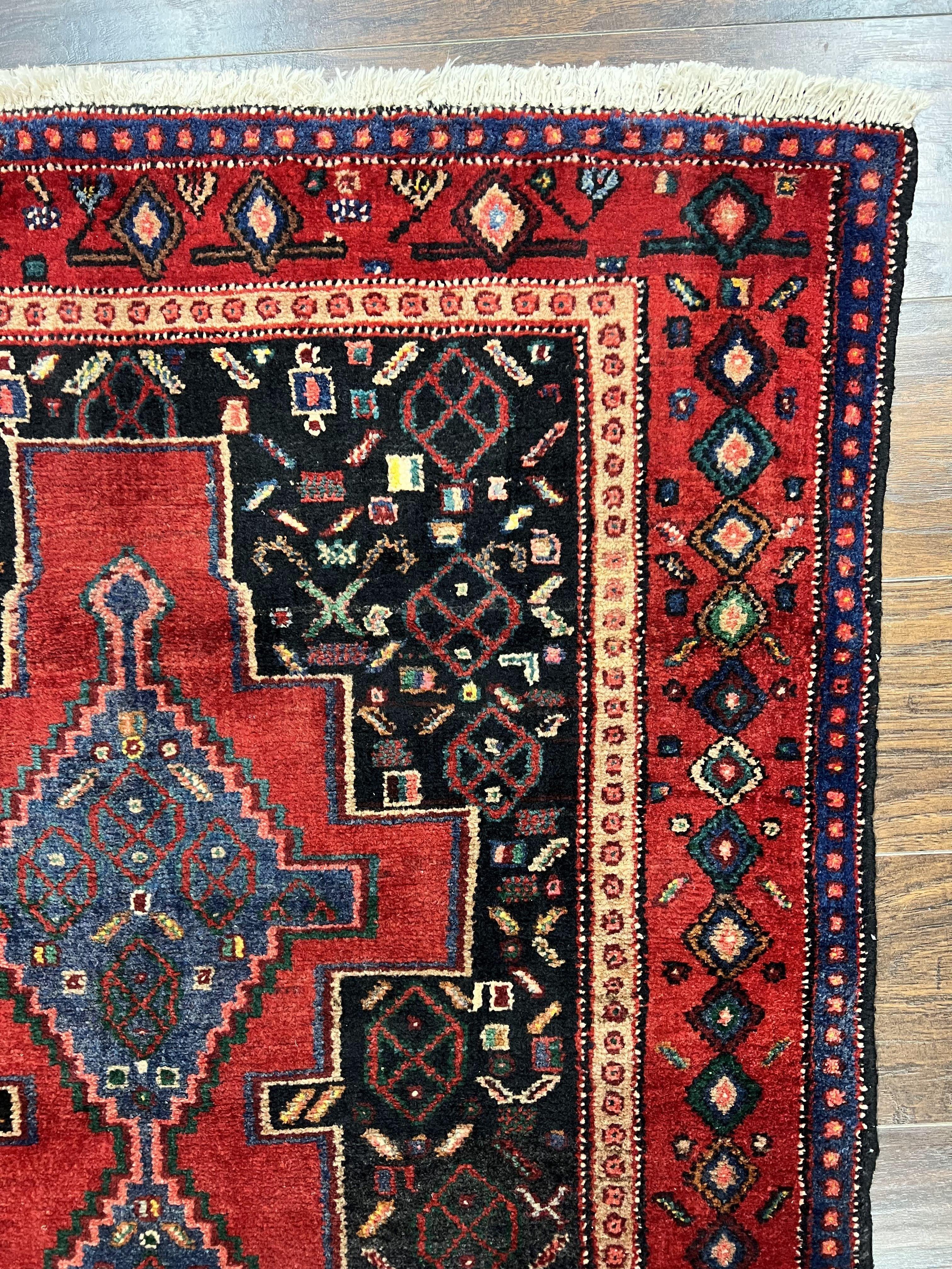 Persian Kurdish Senneh Runner Rug 3x9, Red Navy Blue, Medallions Wool Tribal Runner for Kitchen/Hallway 9ft Antique Handmade Oriental Runner