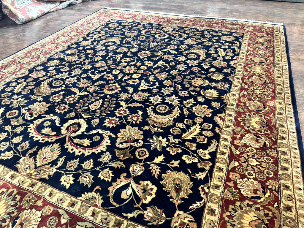 Indo Persian Rug 8x10, Navy Blue and Red, Floral Allover, Hand Knotted Vintage Wool Carpet, Indo Sarouk