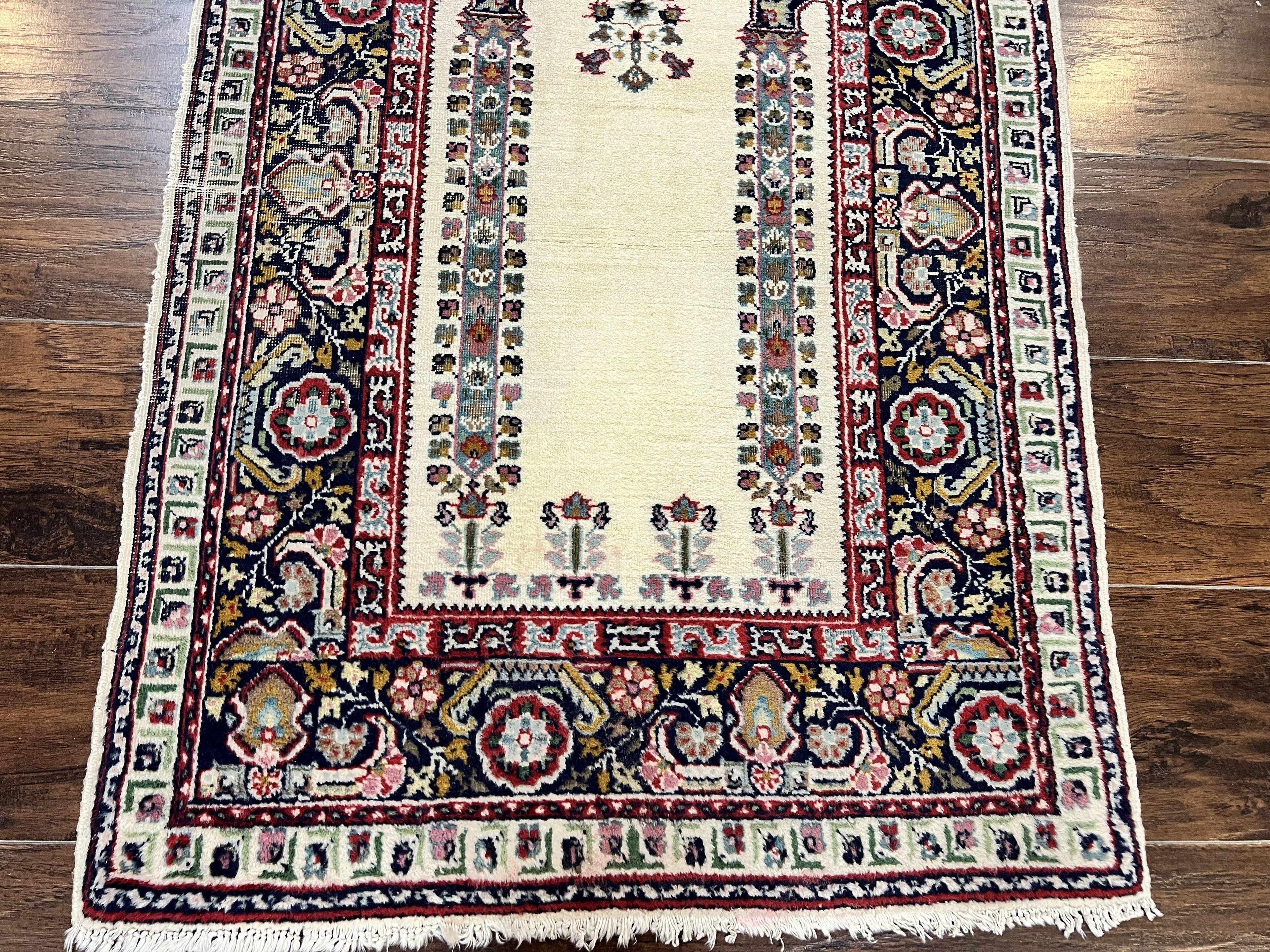 Turkish Prayer Rug 2.5 x 4, Vintage Wool Hand Knotted Carpet, Ivory