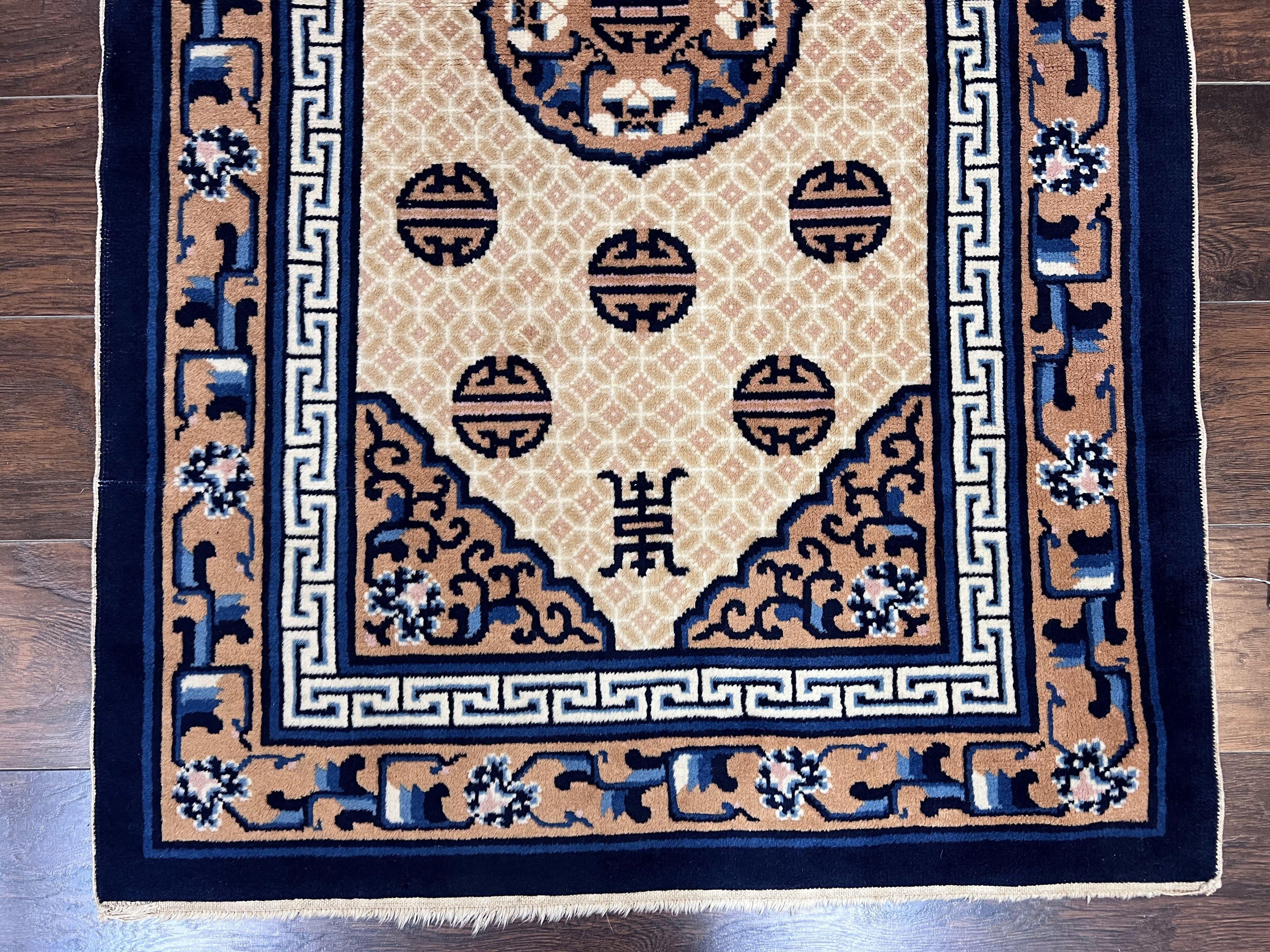 Chinese Peking Rug 3x5, Antique Chinese Art Deco Carpet, Blue Ivory Tan, Hand Knotted Wool Asian Oriental Rug 3 x 5 Vintage Small Peking Rug