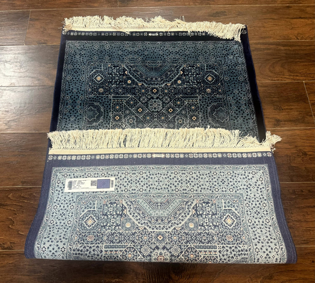 Blue Turkish Silk Hereke Rug 2.6 x 4, Mamluk Red, Blue, Bamboo Silk