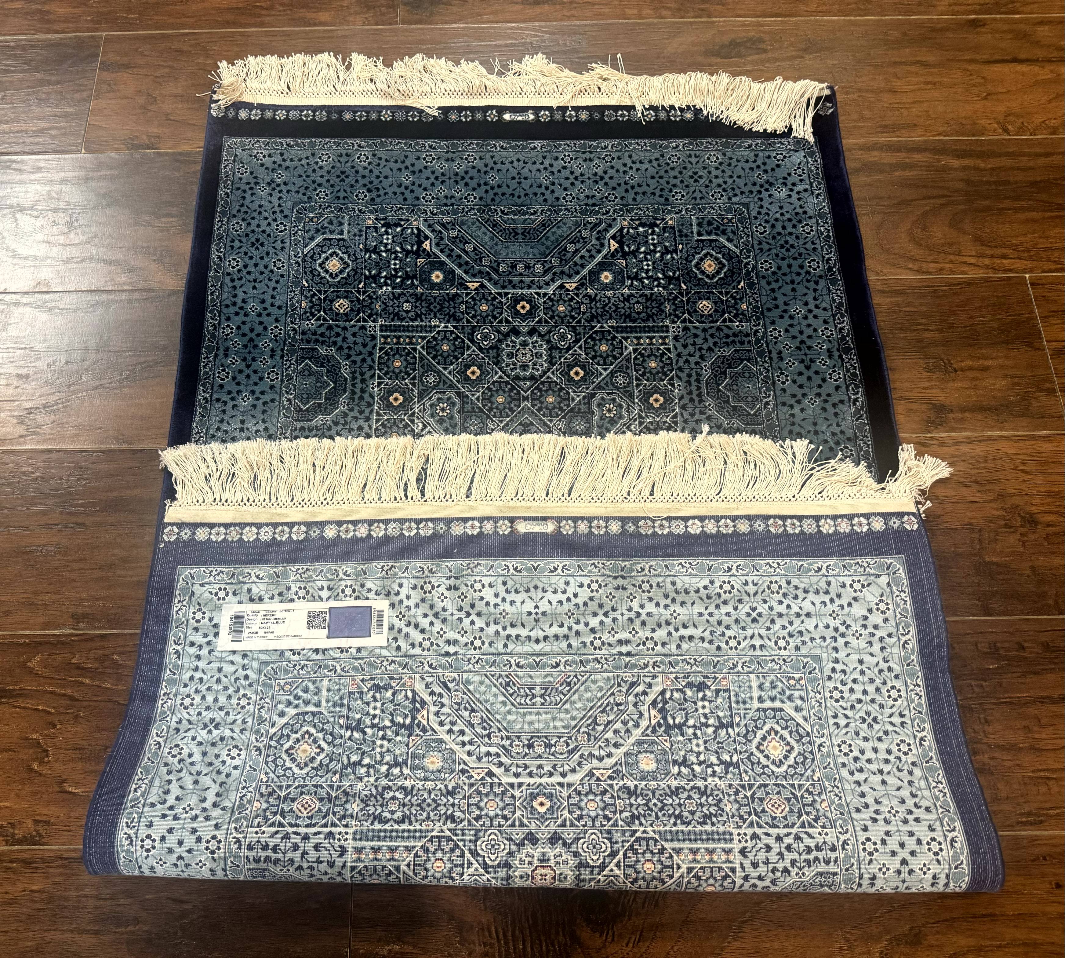 Blue Turkish Silk Hereke Rug 2.6 x 4, Mamluk Red, Blue, Bamboo Silk