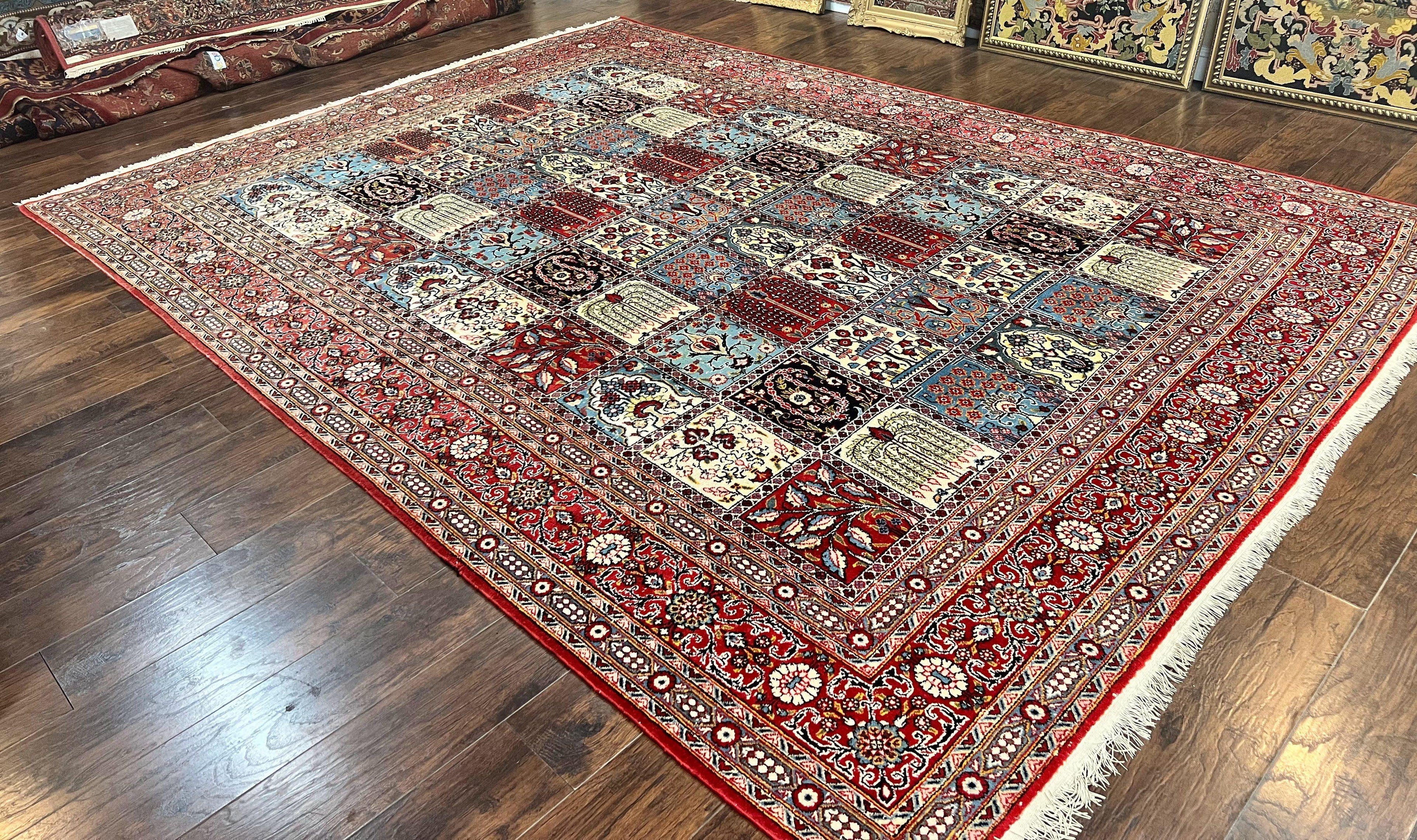 Persian Qum Rug 9x13, Multicolor Panel Design, Red Blue Cream, Hand Knotted Vintage Large Wool Rug