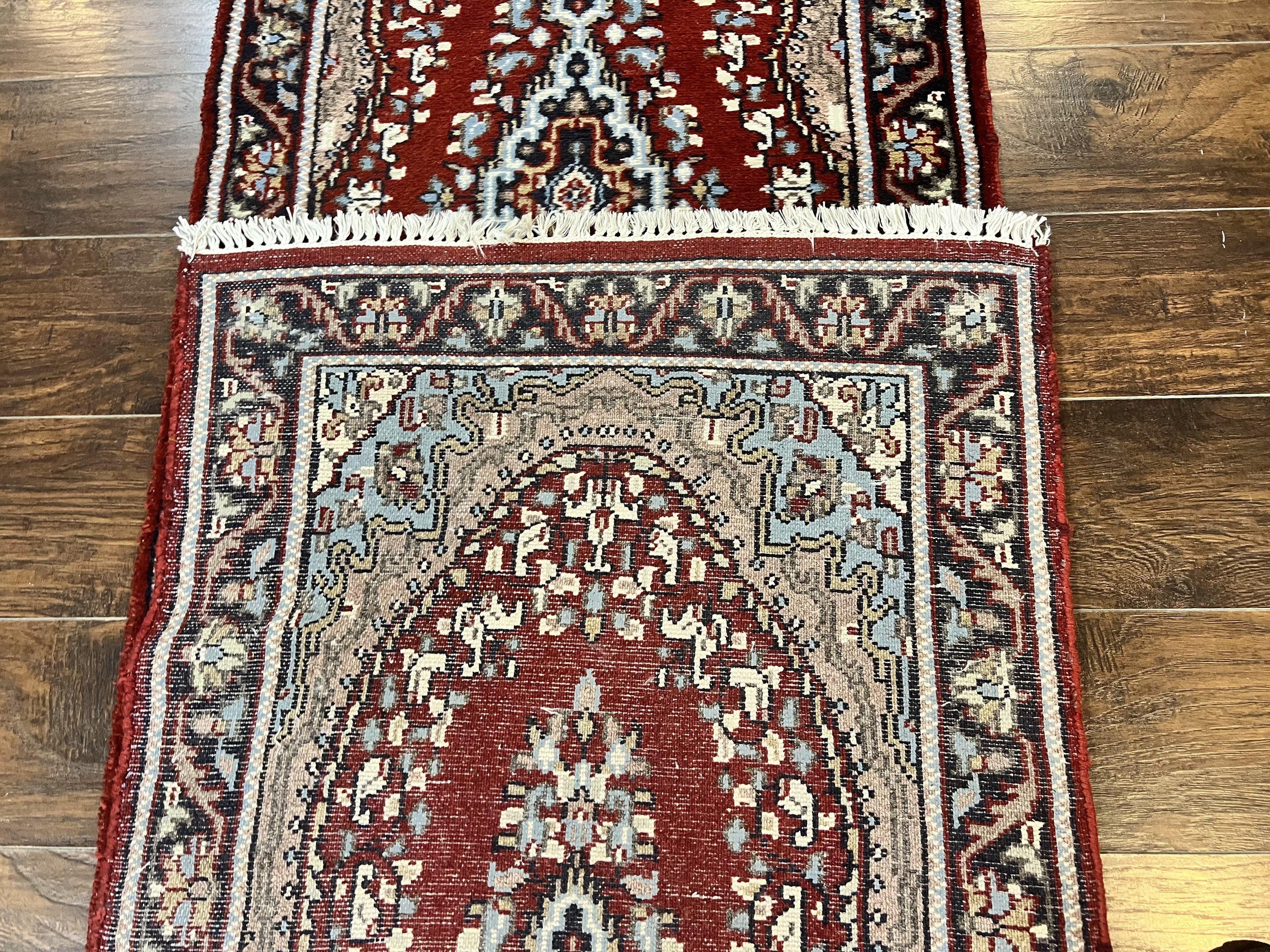 Indo Persian Runner Rug 2.8 x 14.8, Long Indo Kirman Hallway Rug, Red Floral Wool Vintage Handmade Oriental Runner