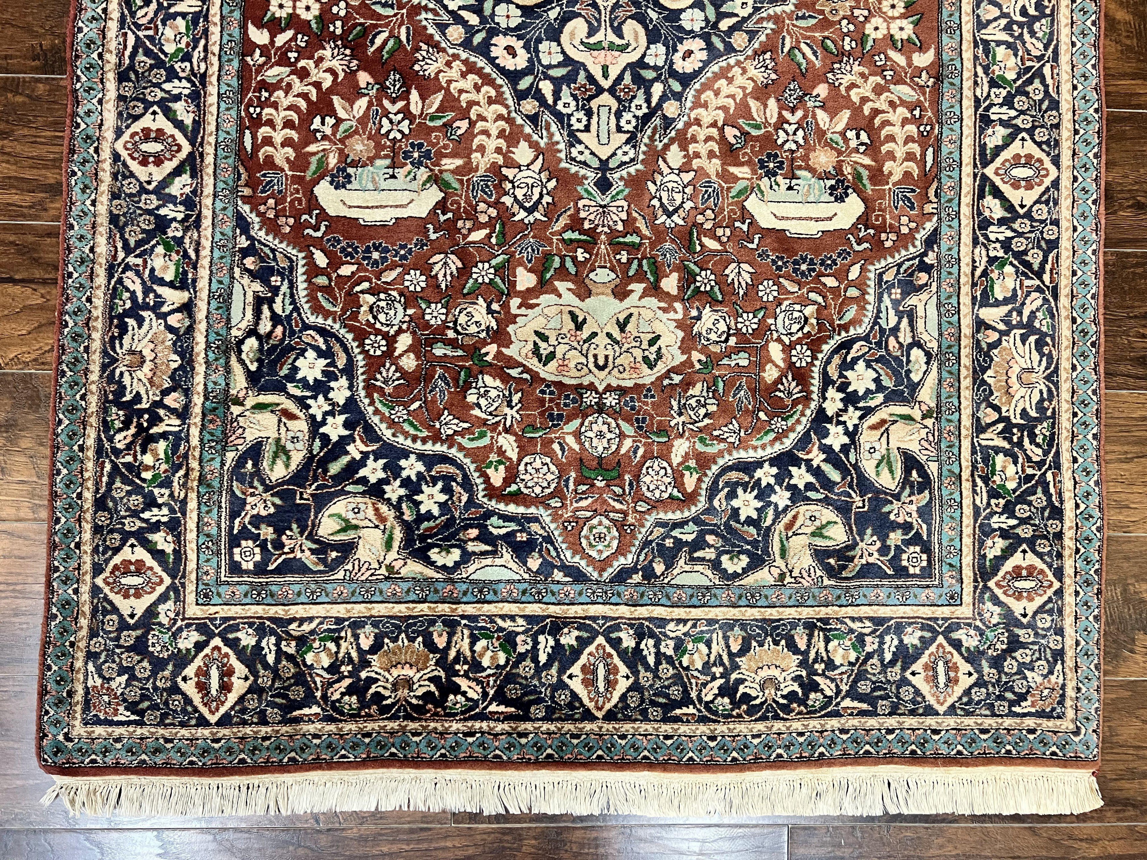 Pak Persian Rug 5x7, Wool Hand Knotted Vintage Carpet, Floral Medallion Rug, Brick Red & Navy Blue, Fine Weave, Medium Sized Rug