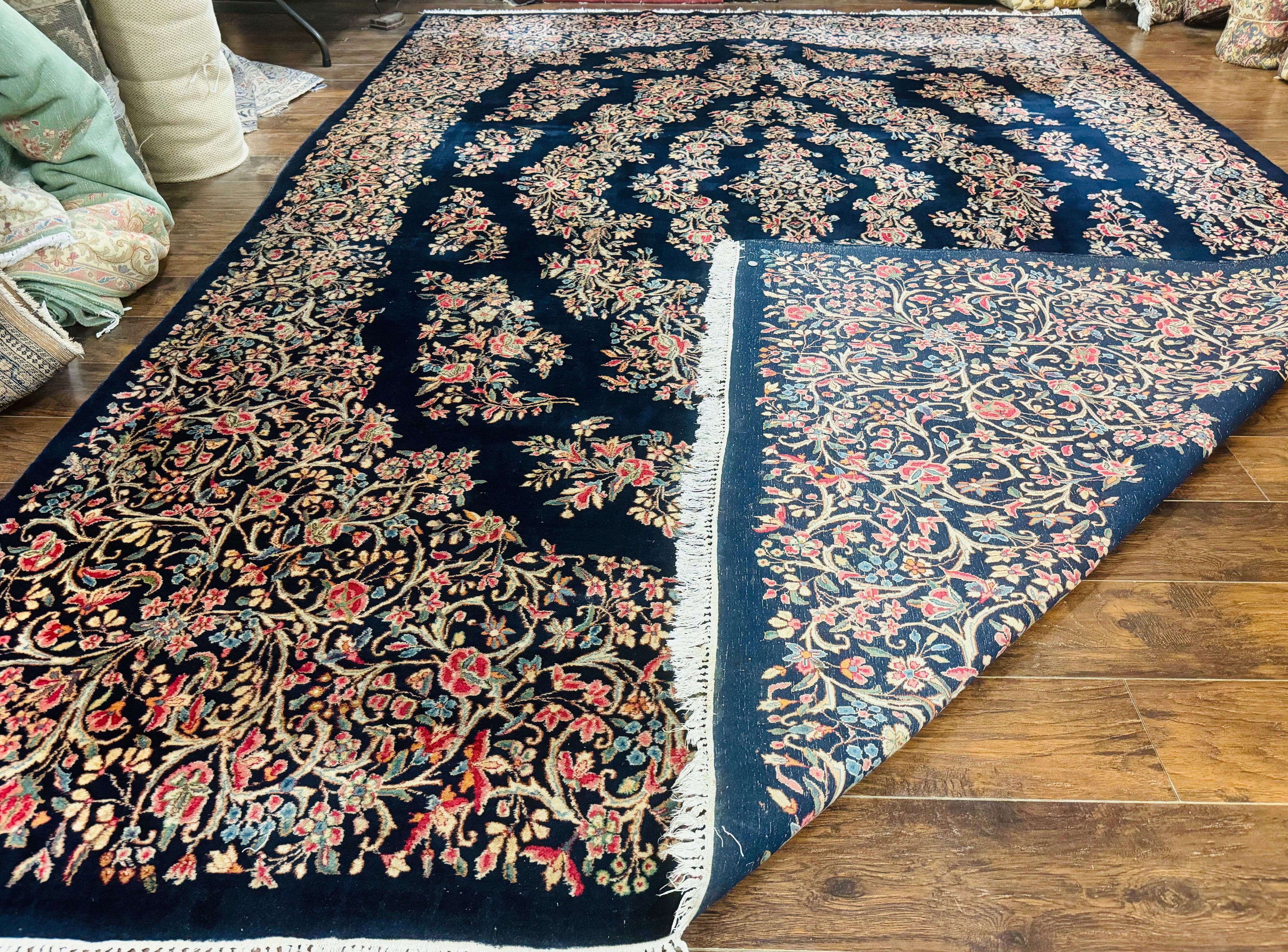 Antique Persian Kerman Rug 10x13, Navy Blue Floral Carpet, Fine 270 KPSI