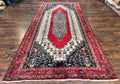 Persian Rug 5x12 ft, Red Cream Navy Blue, Pictorials, Hand Knotted Handmade Wide Runner Tribal Bidjar Semi Antique Wool Geometric Oriental Rug