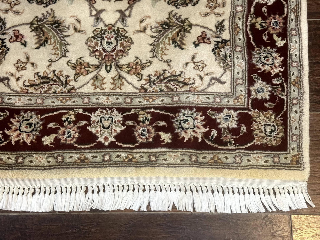 Pak Persian Runner Rug 2.8 x 8, Handmade Vintage Carpet, Beige and Maroon, Wool and Silk Highlights
