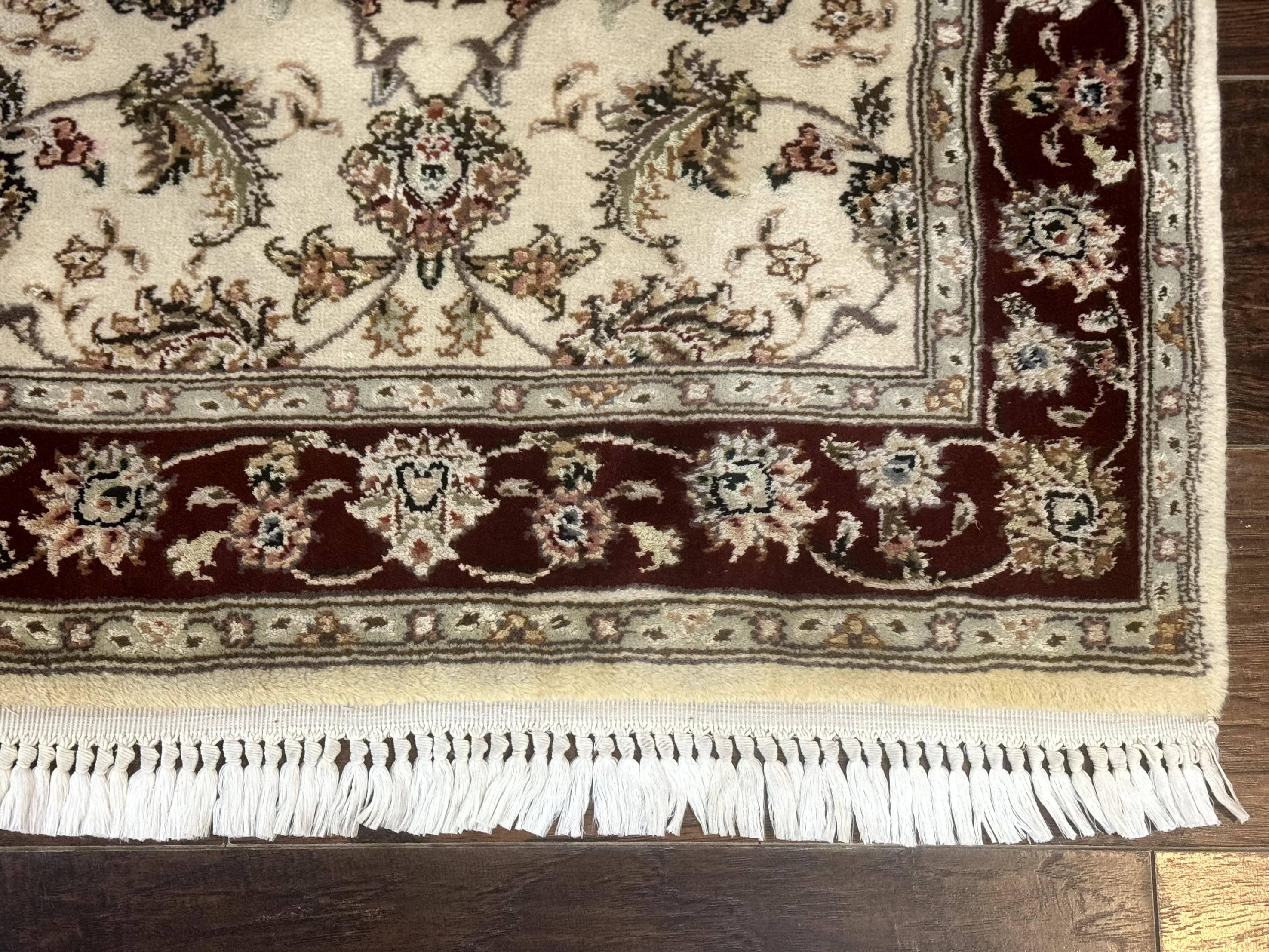 Pak Persian Runner Rug 2.8 x 8, Handmade Vintage Carpet, Beige and Maroon, Wool and Silk Highlights