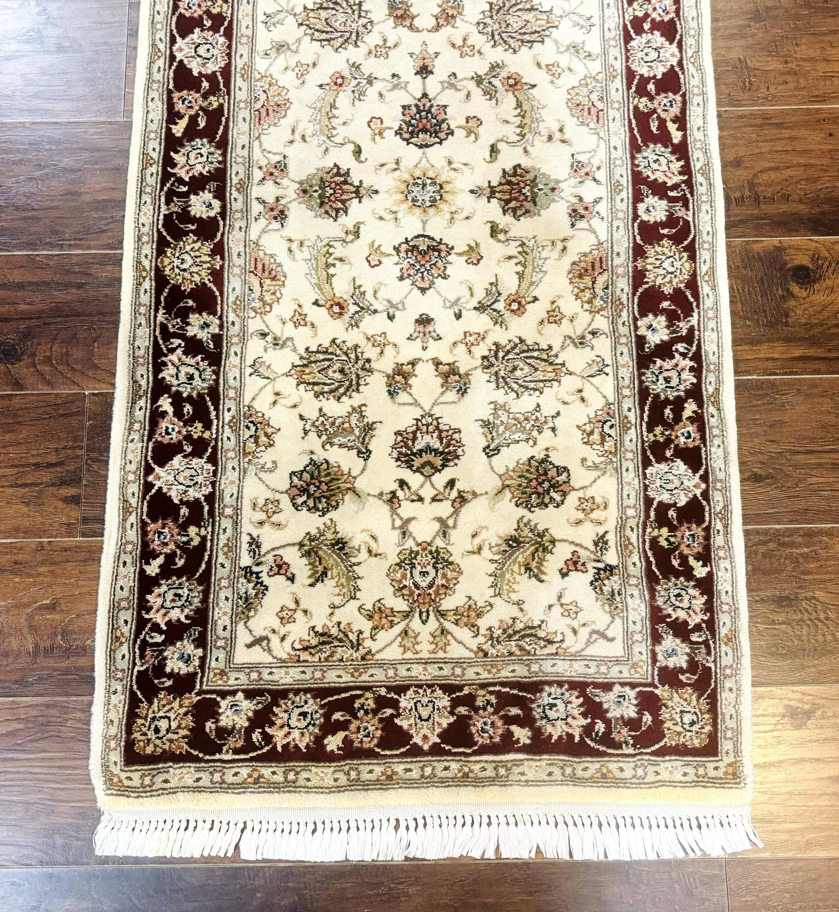 Pak Persian Runner Rug 2.8 x 8, Handmade Vintage Carpet, Beige and Maroon, Wool and Silk Highlights