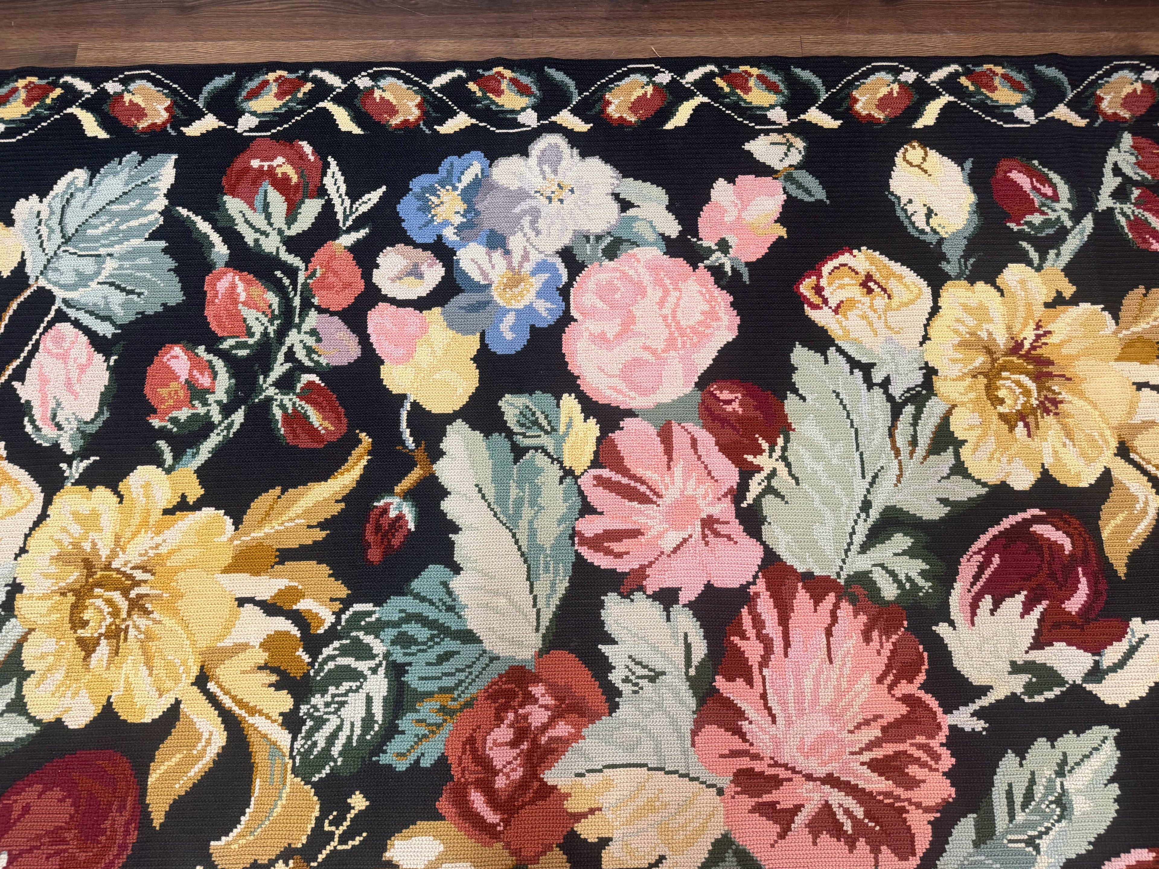 Palace Size Needlepoint Rug 12x18, Vintage Spanish Portuguese Carpet, Floral Design