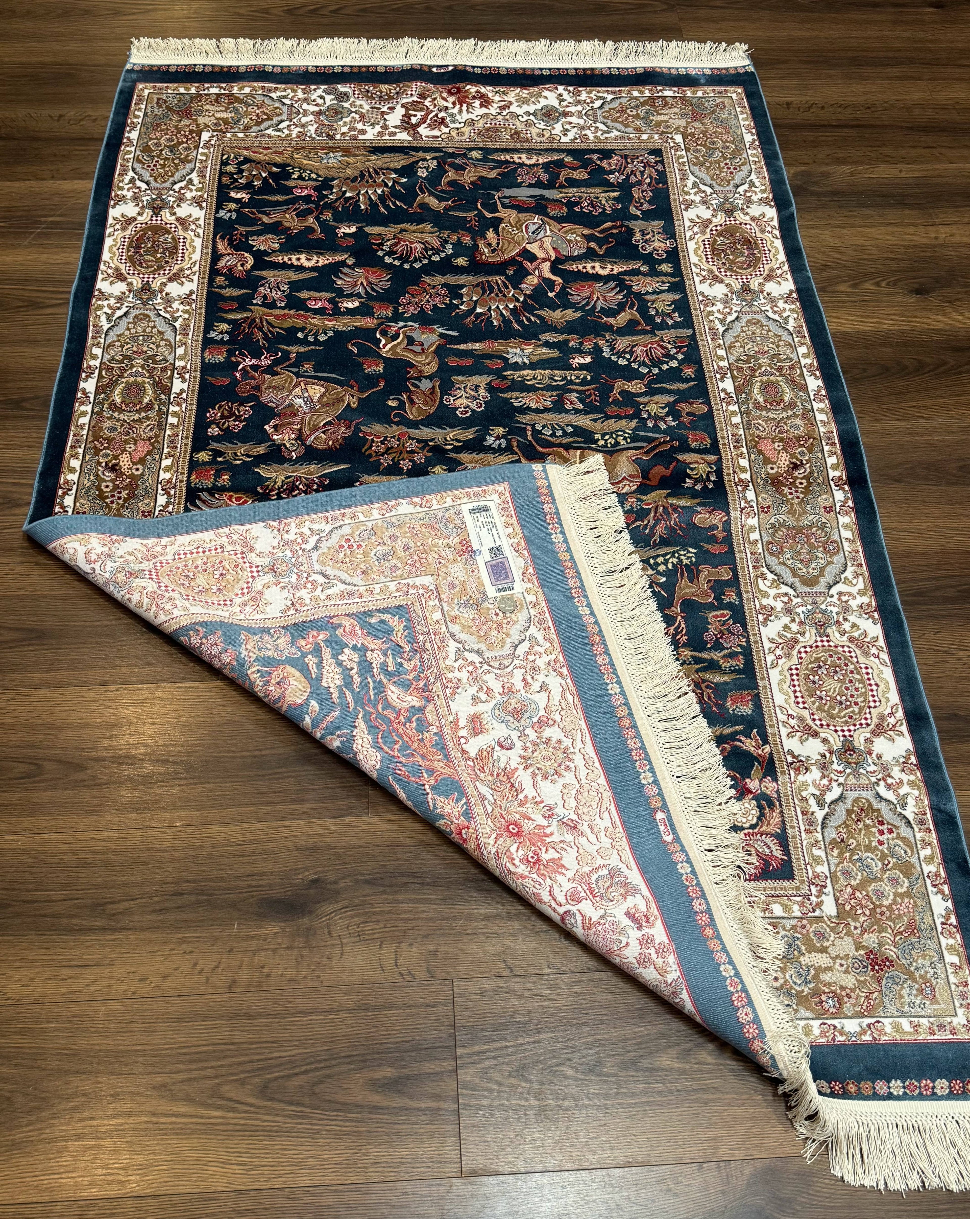 Turkish Silk Hunting Design Rug 4x6, Dark Steel Blue & Ivory, Bamboo Silk, New