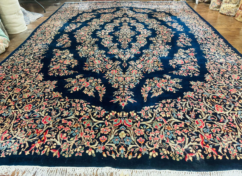 Antique Persian Kerman Rug 10x13, Navy Blue Floral Carpet, Fine 270 KPSI