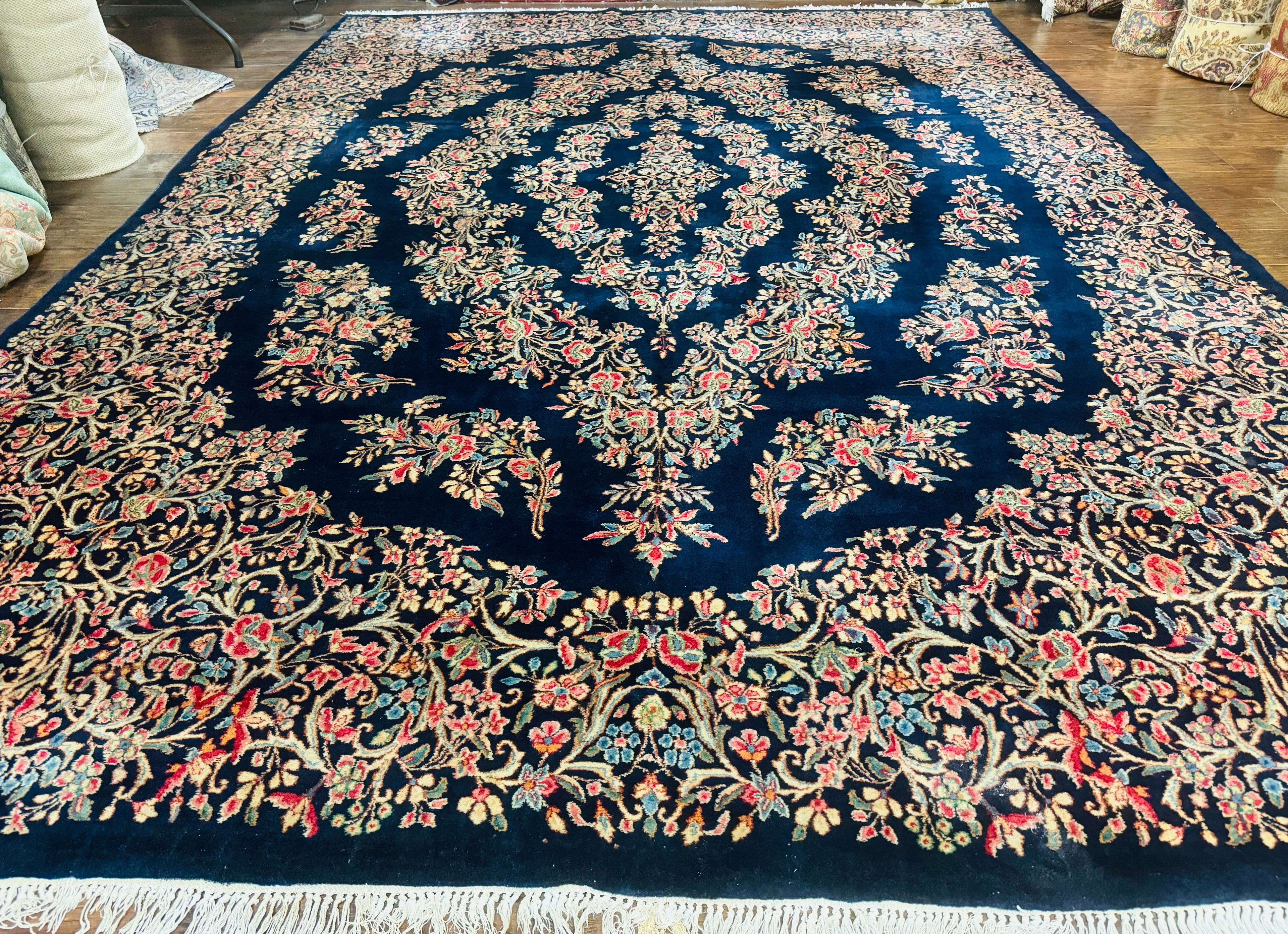 Antique Persian Kerman Rug 10x13, Navy Blue Floral Carpet, Fine 270 KPSI