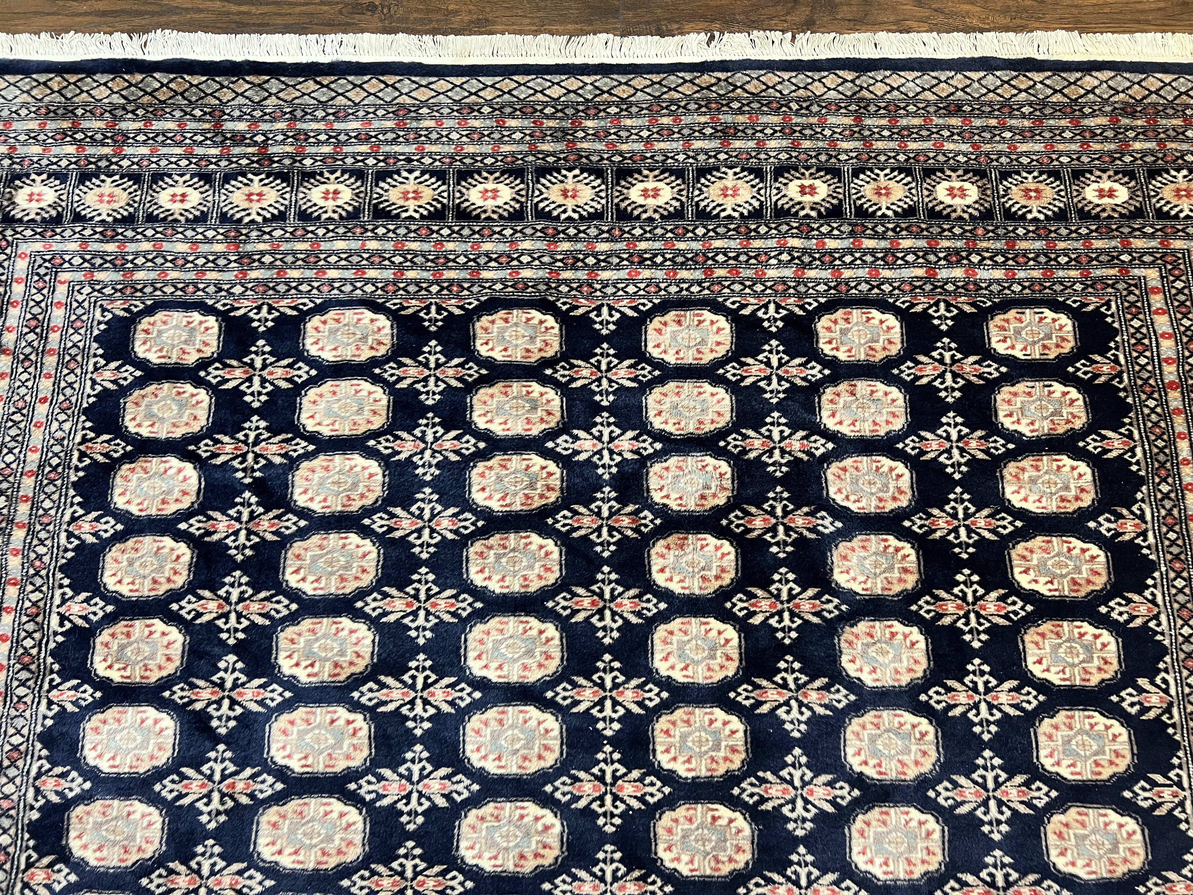Pakistani Bokhara Rug 8x10, Turkoman Carpet, Dark Blue and Beige, Vintage Handmade Wool Carpet