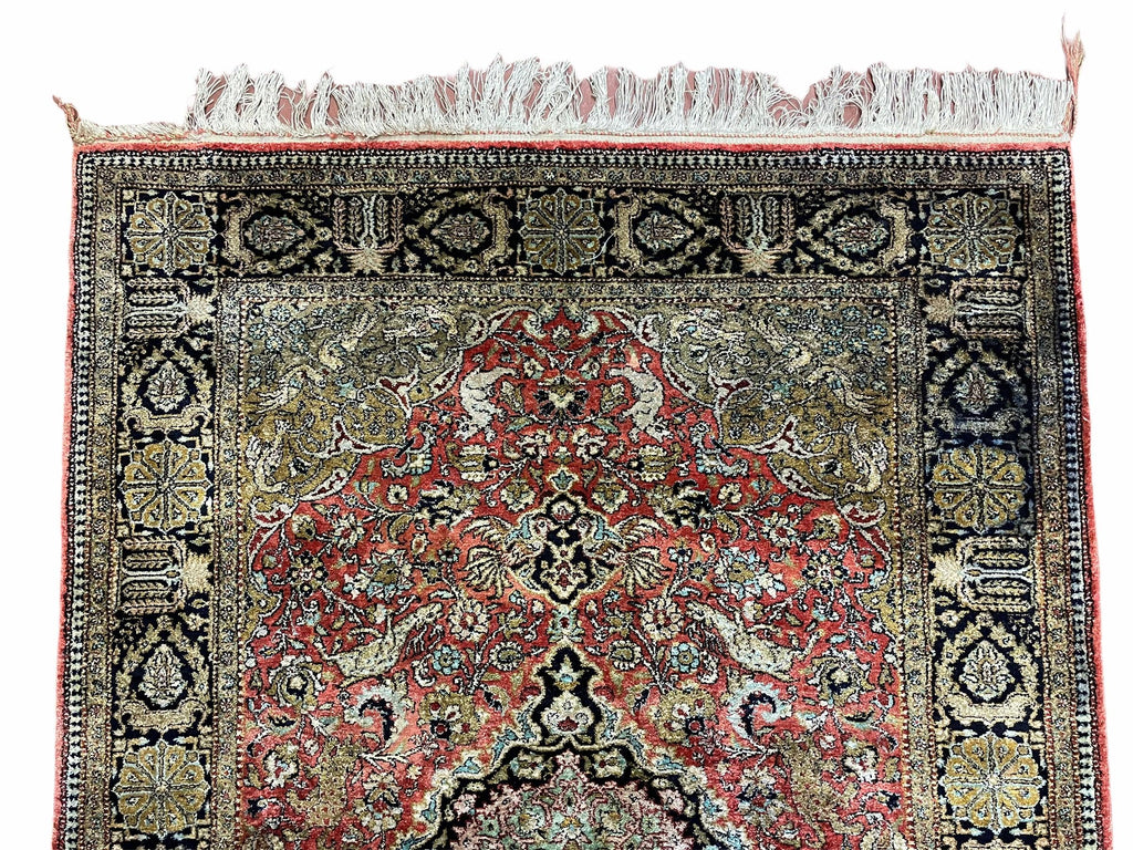 Persian Qum Silk Rug 3.8 x 5.6, Silk on Silk, Animal Pictorials, Fine 330 KPSI