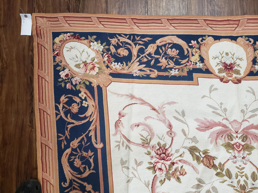 Chinese Aubusson Savonnerie Area Rug 6x8, Vintage Hand-Woven Needlepoint Rug, Flat Weave Handmade Wool Carpet Living Room Ivory & Navy Blue