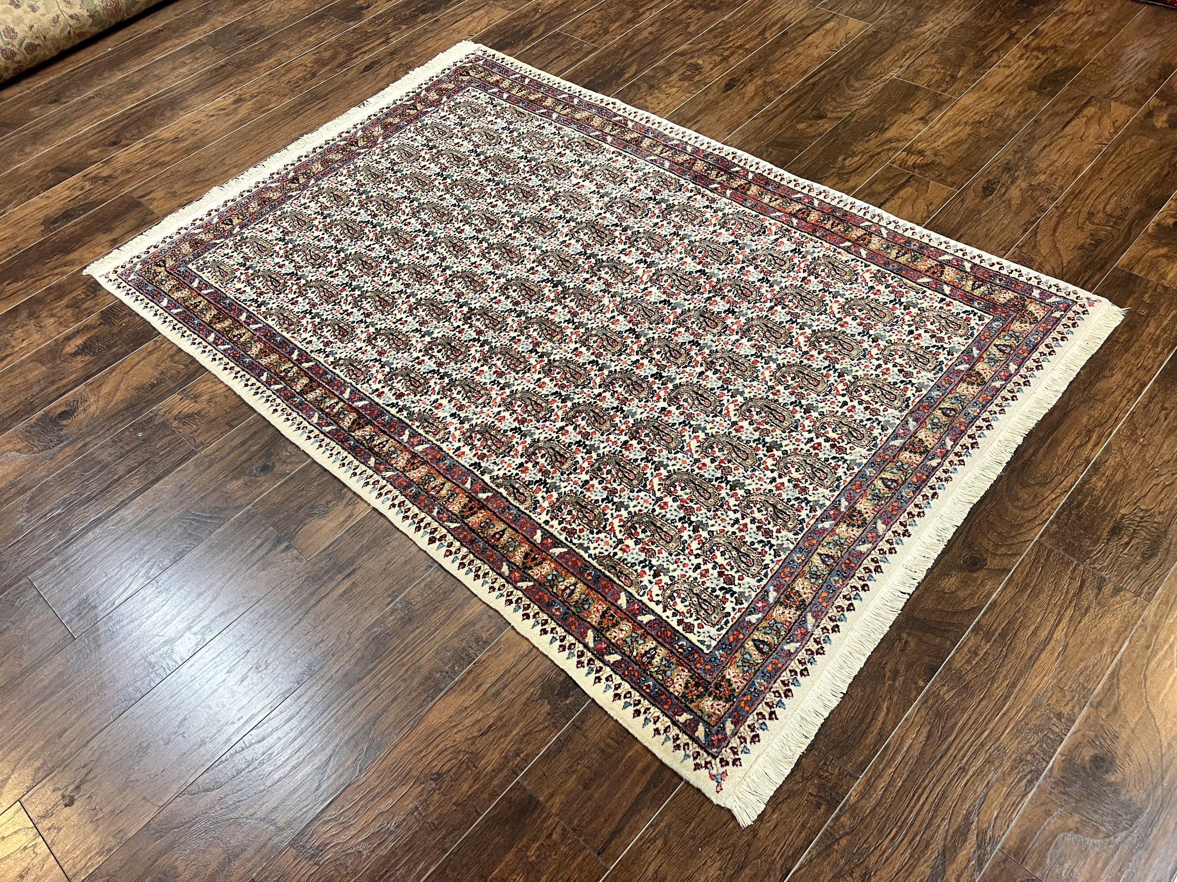 Persian Rug 4x6, Mashad Kashmar Rug, Boteh Paisley Design, Allover Repeated Pattern, Ivory Hand Knotted Vintage Semi Antique Persian Oriental Carpet