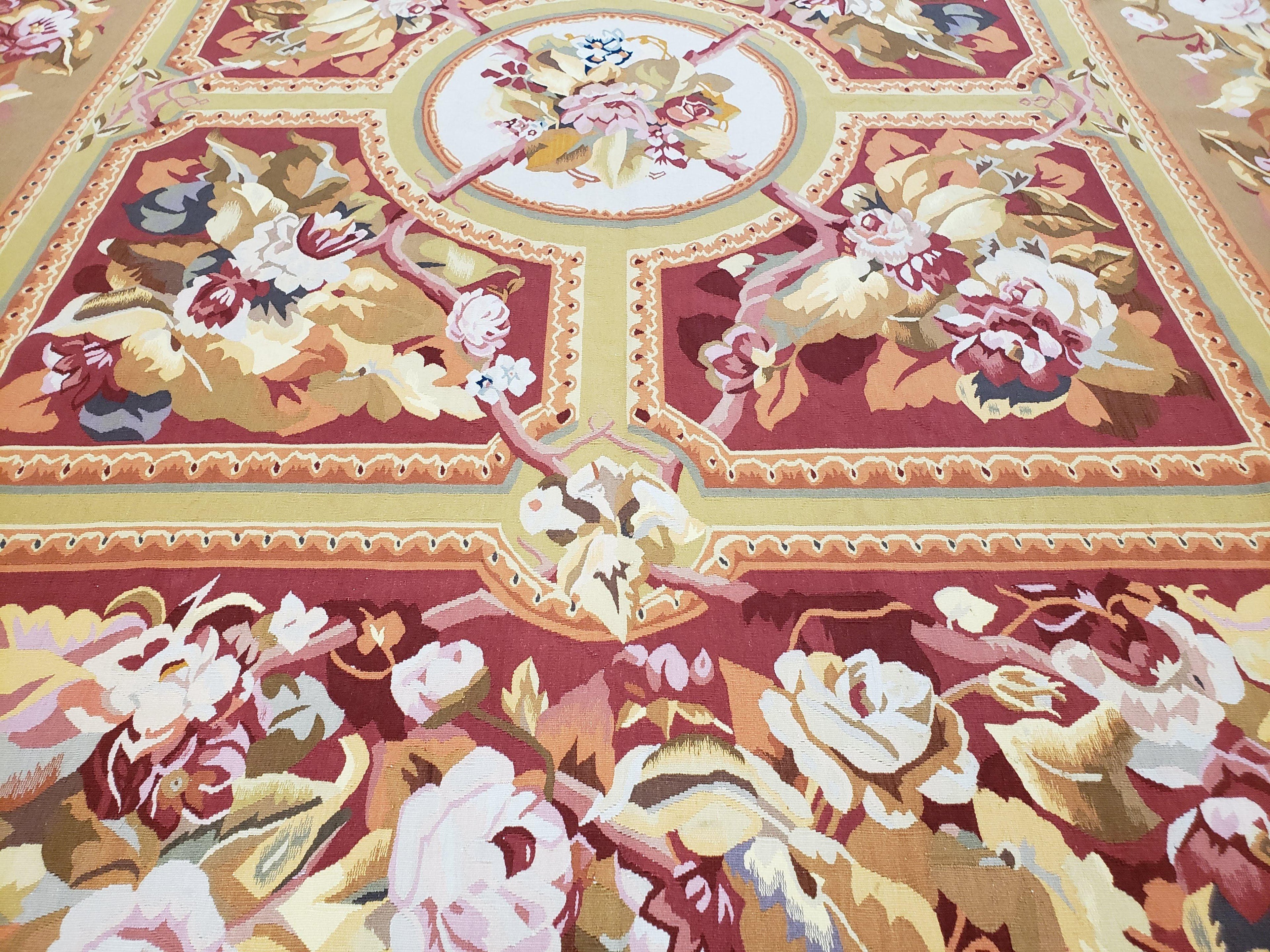Vintage Chinese Aubusson Savonnerie Flat Pile Rug 9.9 x 14.5 Wool Handwoven Red & Khaki Large Flowers Rug 9x14 - 10x15 Michaelian Kolhberg