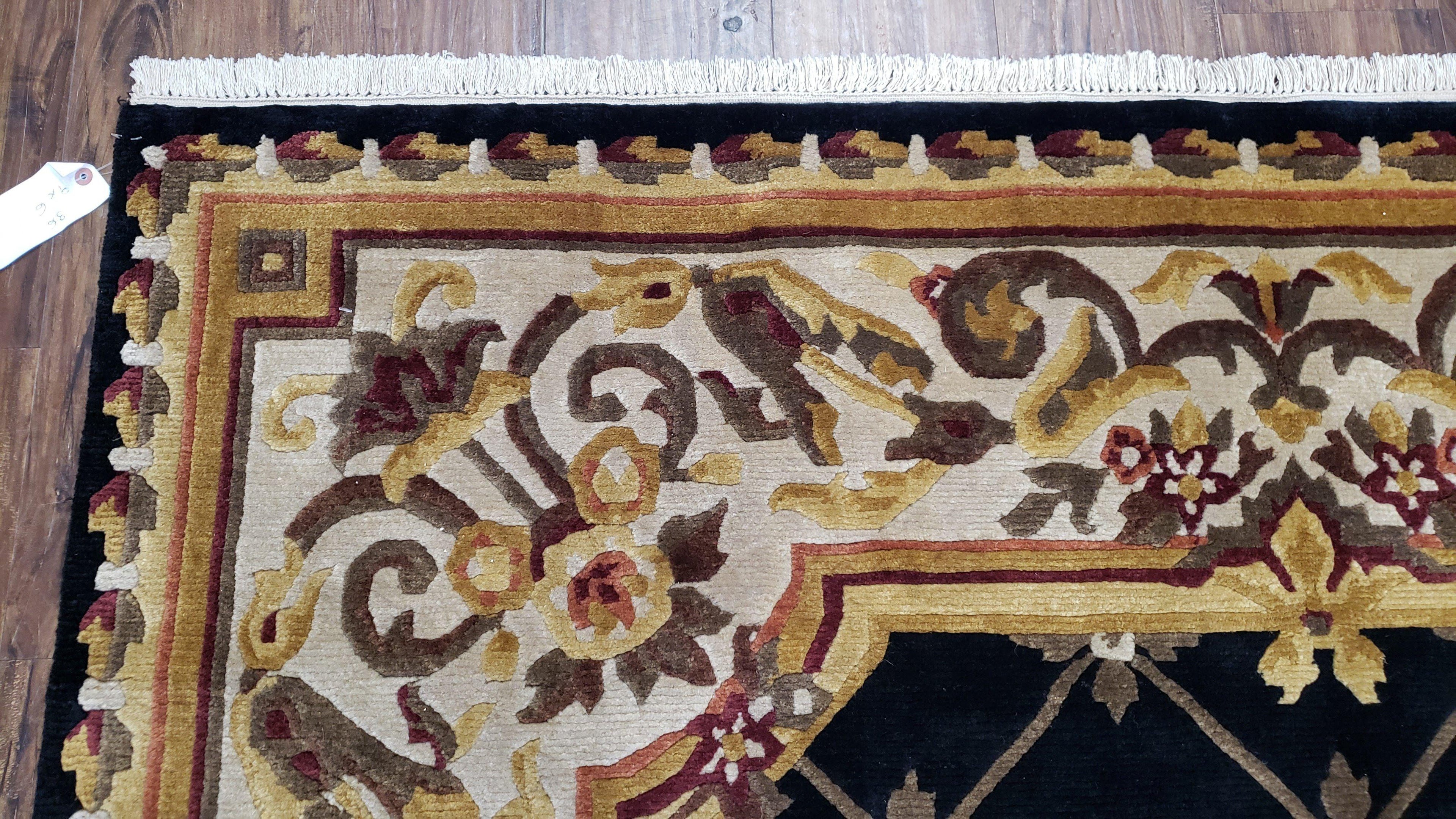 Nepal Rug 6x9, Nepalese Aubusson Area Rug 6 x 9, Hand-Knotted Wool Soft Pile Black & Beige Tibetan Aubusson New Carpet European Savonnerie