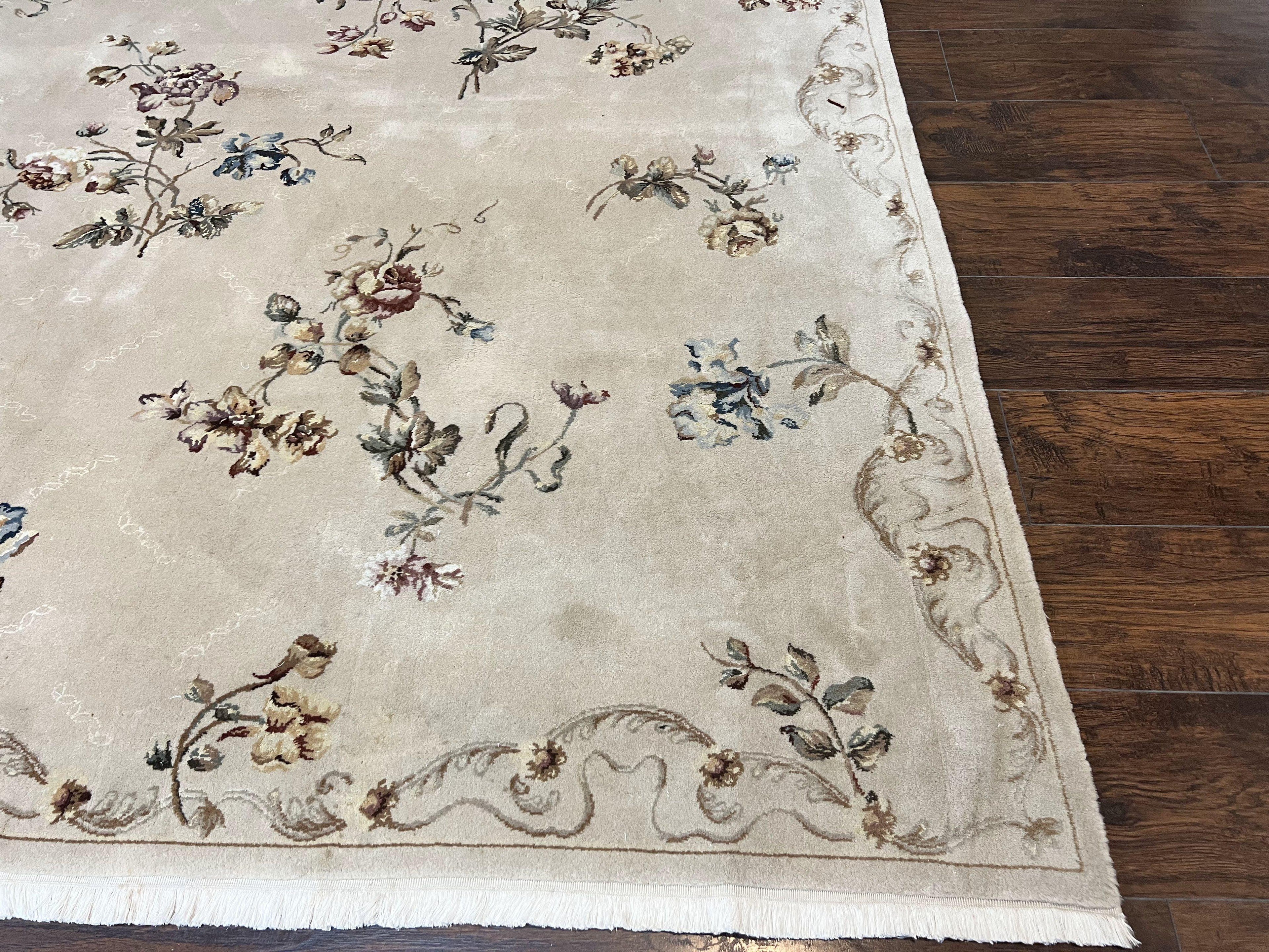 Chinese 120 Line Rug 8x10, Chinese Aubusson Wool & Silk Highlights Handmade Vintage Carpet, Beige Fine Weave Rug, Floral European Design