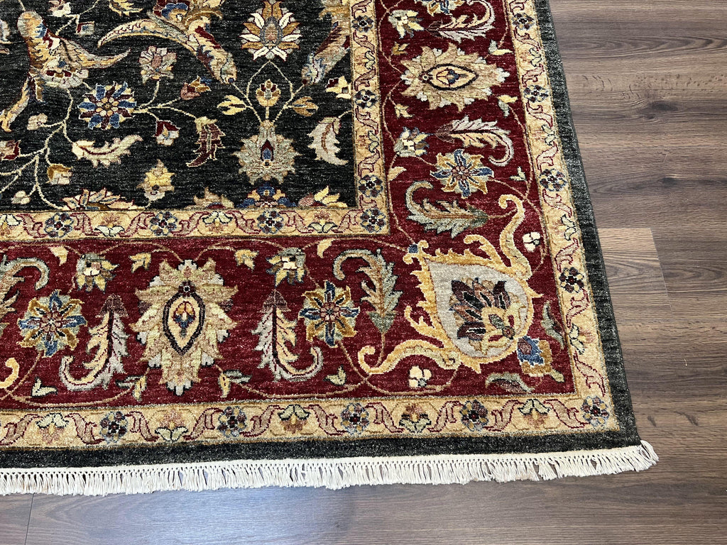 Pak Persian Mahal Rug 9x12, Allover Floral Pakistani Oriental Carpet 9 x 12, Wool Hand Knotted Area Rug, Dark Slate Gray-Black and Maroon
