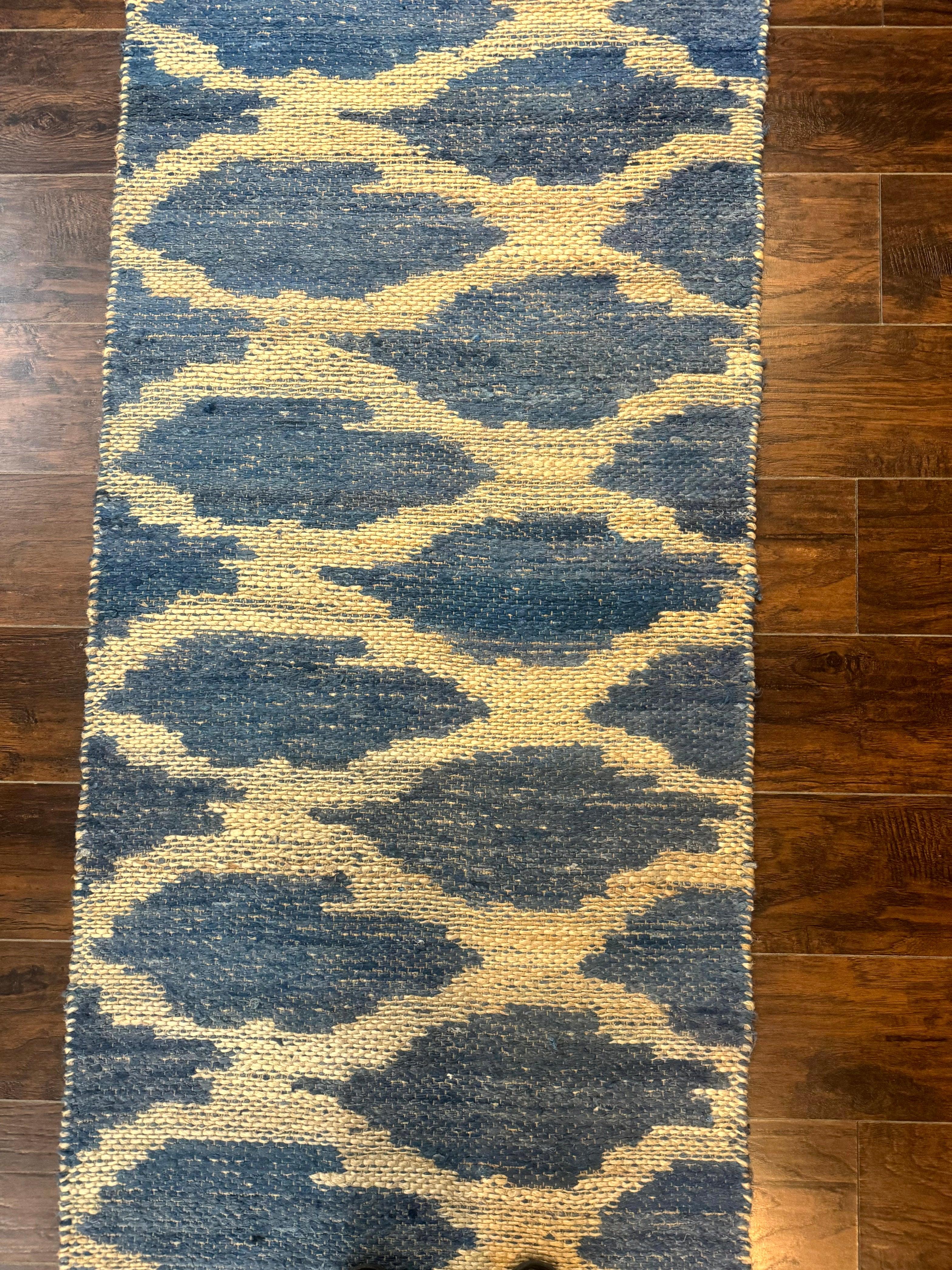 Modern Jute Runner Rug 2.9 x 7.9, Beige and Blue, Handwoven, Kaleen Rug