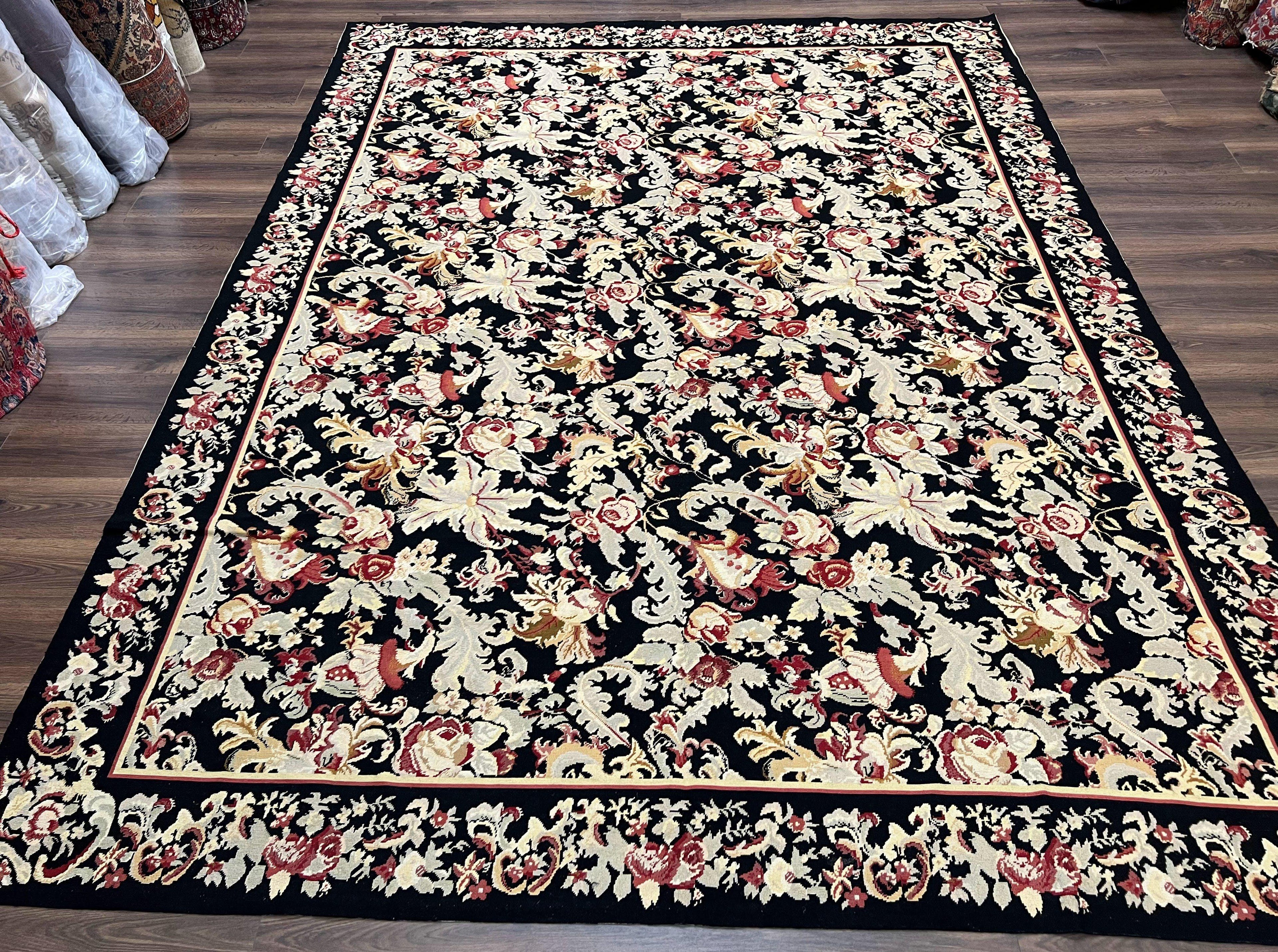 Wool Needlepoint Rug 9x12, William Morris Vintage Chinese Needlepoint Carpet 9 x 12, Handwoven, Allover Floral Area Rug, Black Light Green