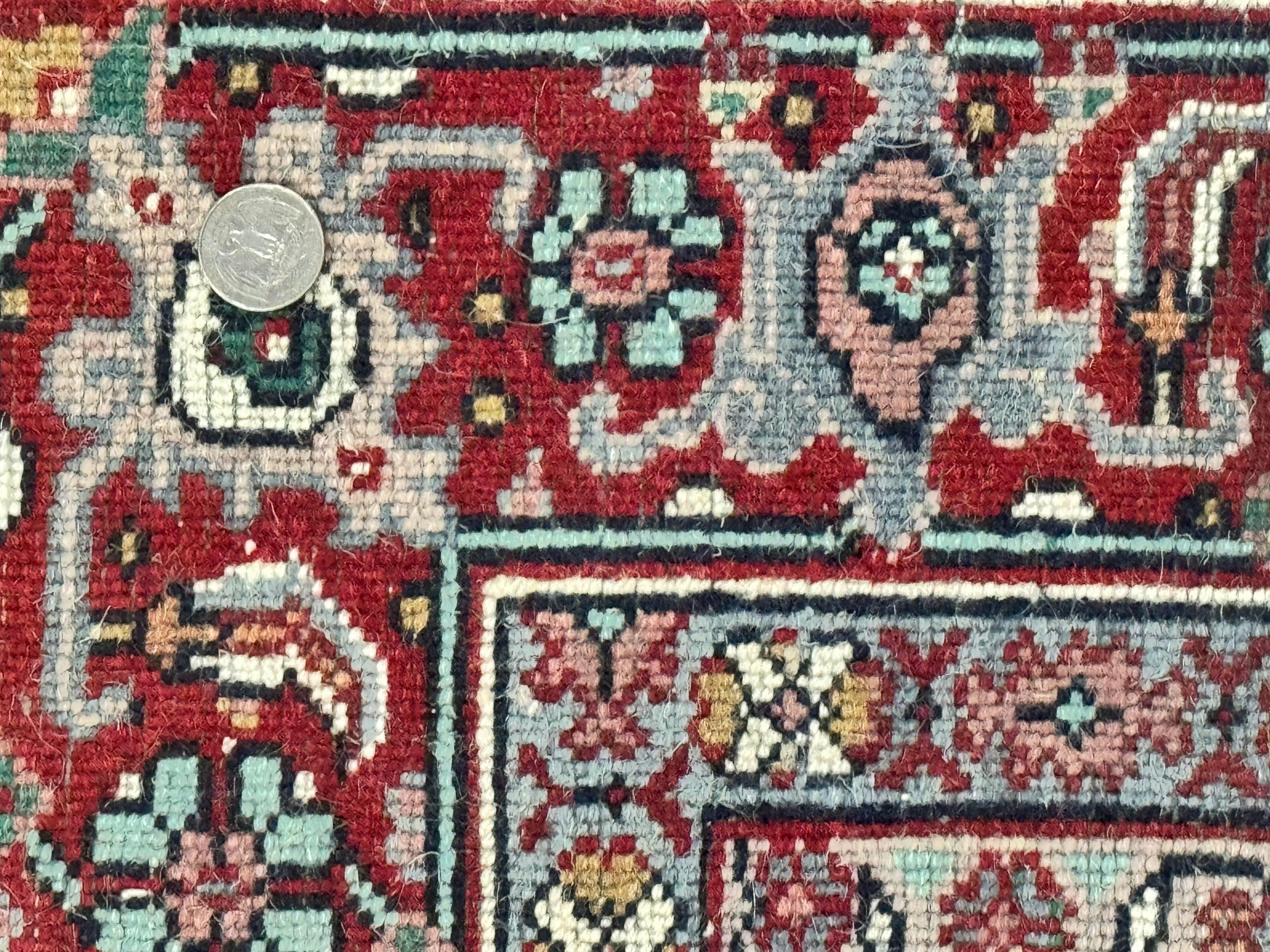 Indo Persian Bidjar Rug 8x11, Herati Mahi Pattern, Red Navy Blue, Handmade Vintage Wool Carpet