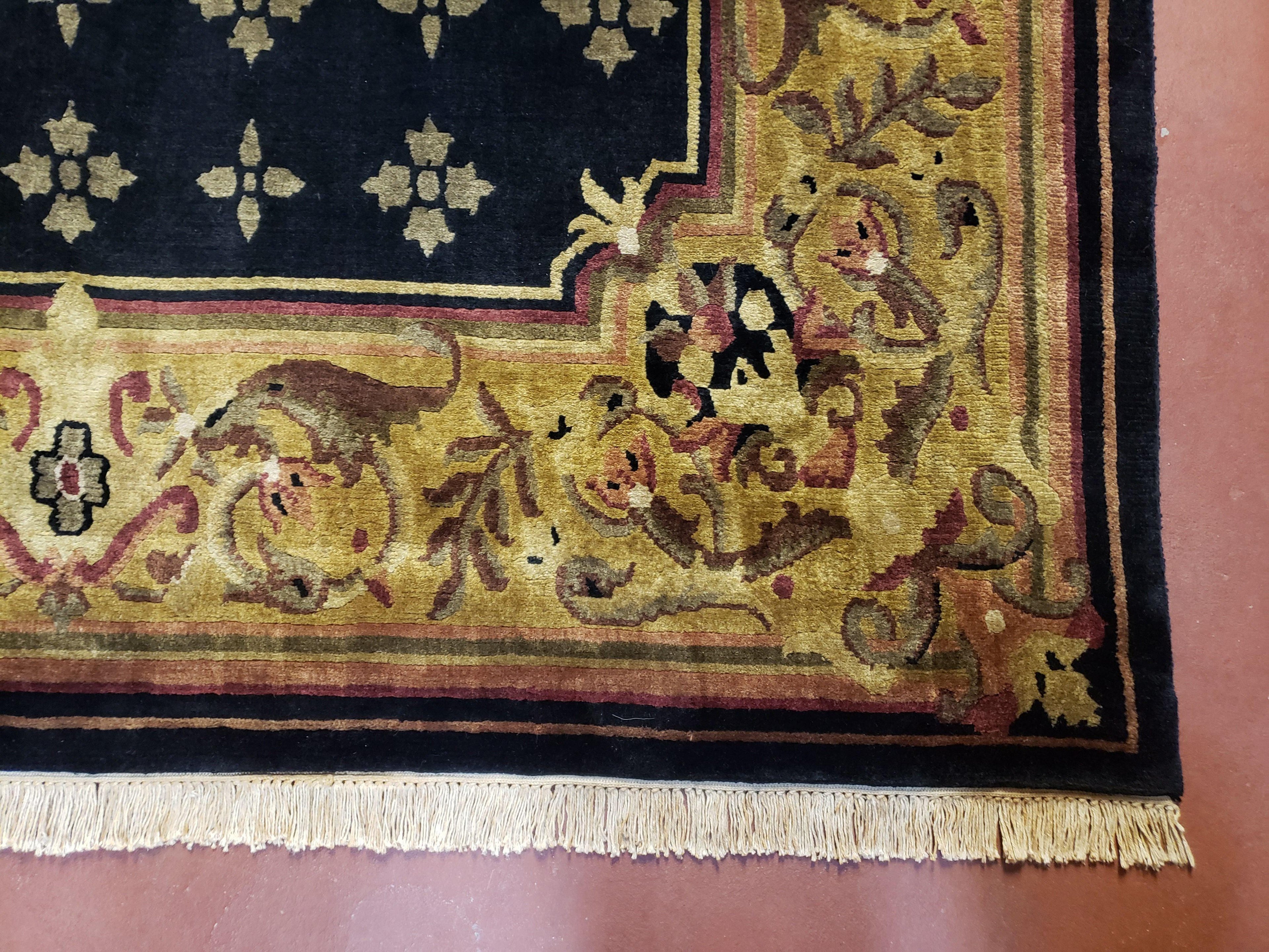 6x9 Aubusson Design Nepali Tibetan Rug Black & Tan Hand-Knotted Wool Carpet Soft Plush Pile New Rug Nice