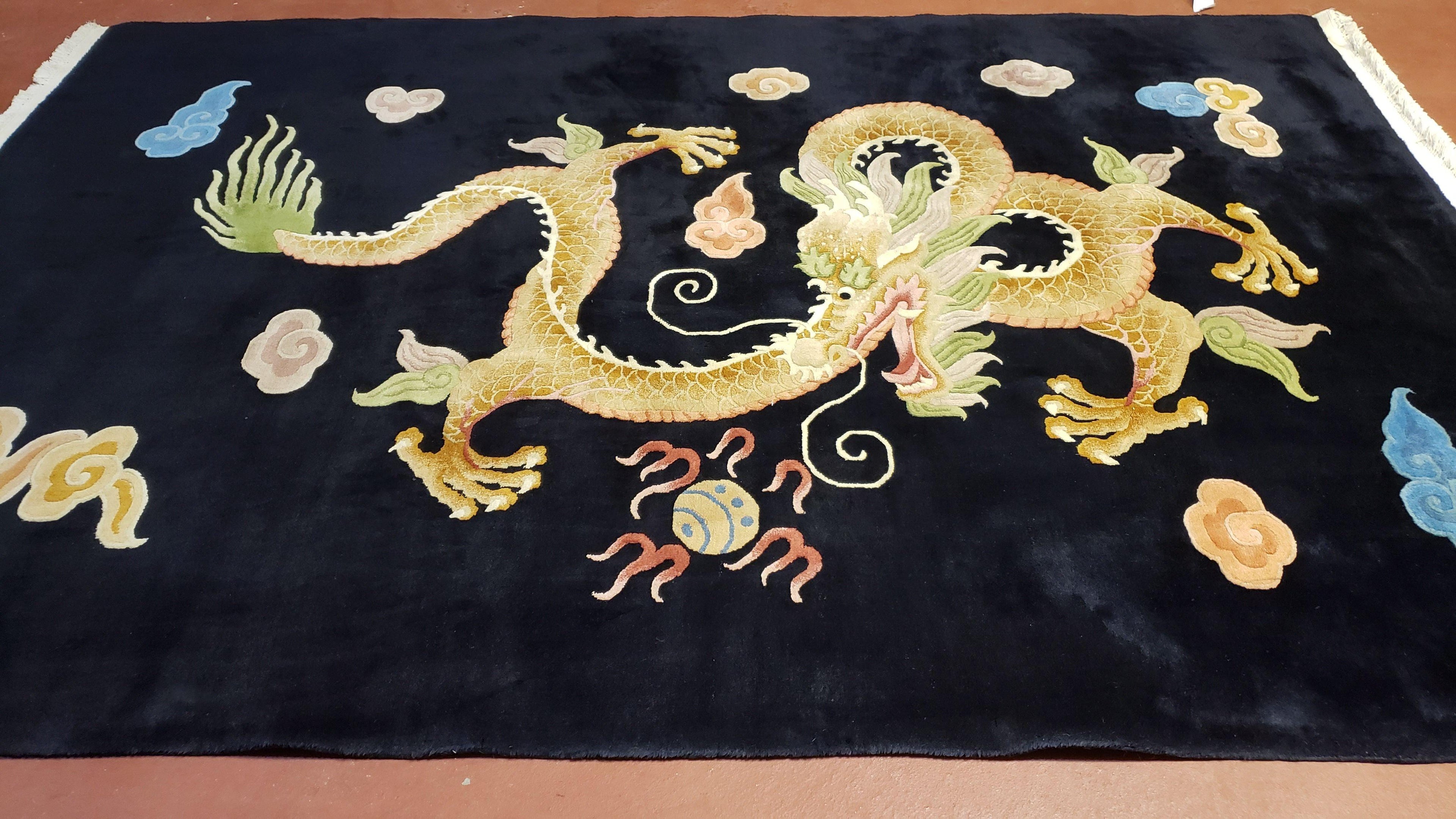 Rare Antique Chinese Art Deco Rug 6x9 with Dragon, Black Chinese Carpet 6 x 9, Hand Knotted Wool Area Rug