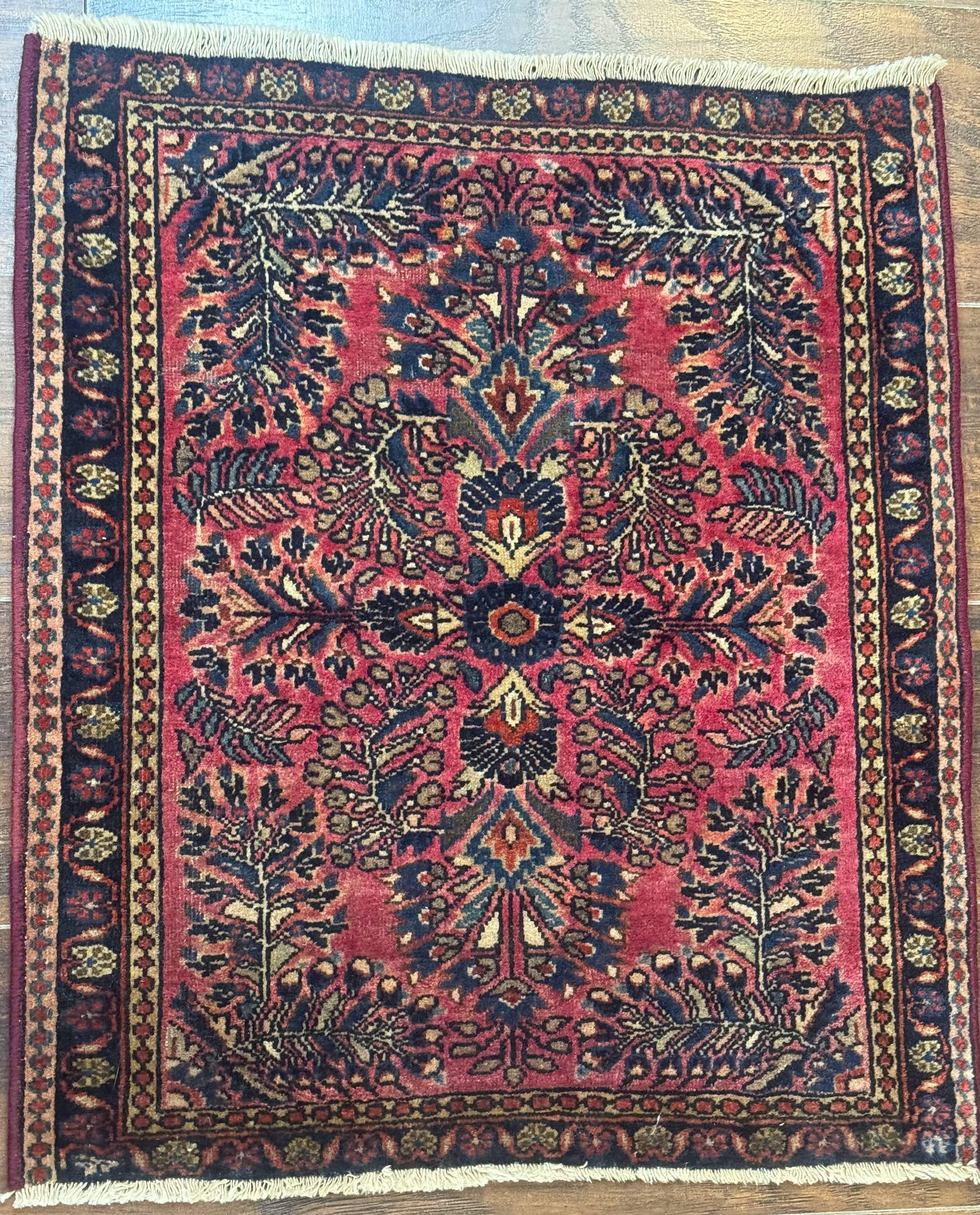 Small Antique Persian Sarouk Rug 2x2 ft, Red 1920s Wool Rug