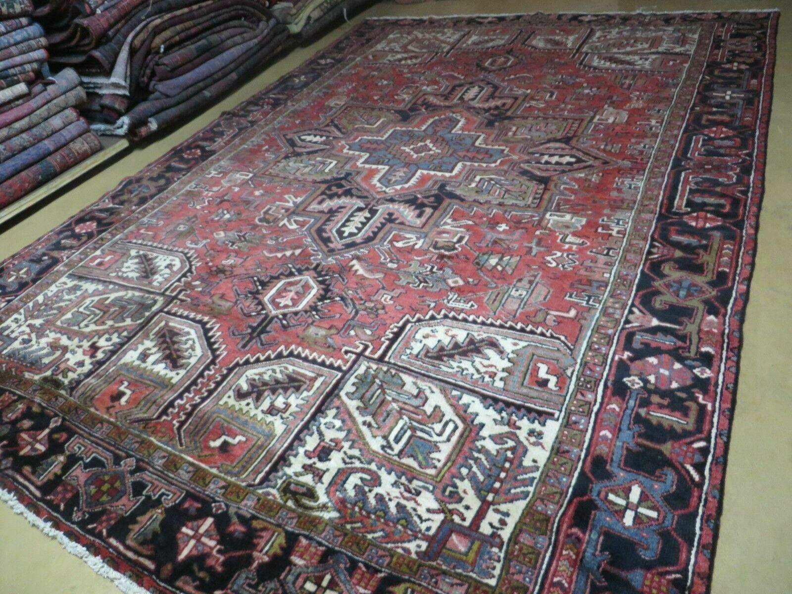 Persian Heriz Rug 8x12 Semi Antique Heriz Carpet, Room Sized Persian Carpet, Geometric Medallion, Wool, Hand Knotted, Red Ivory Dark Blue