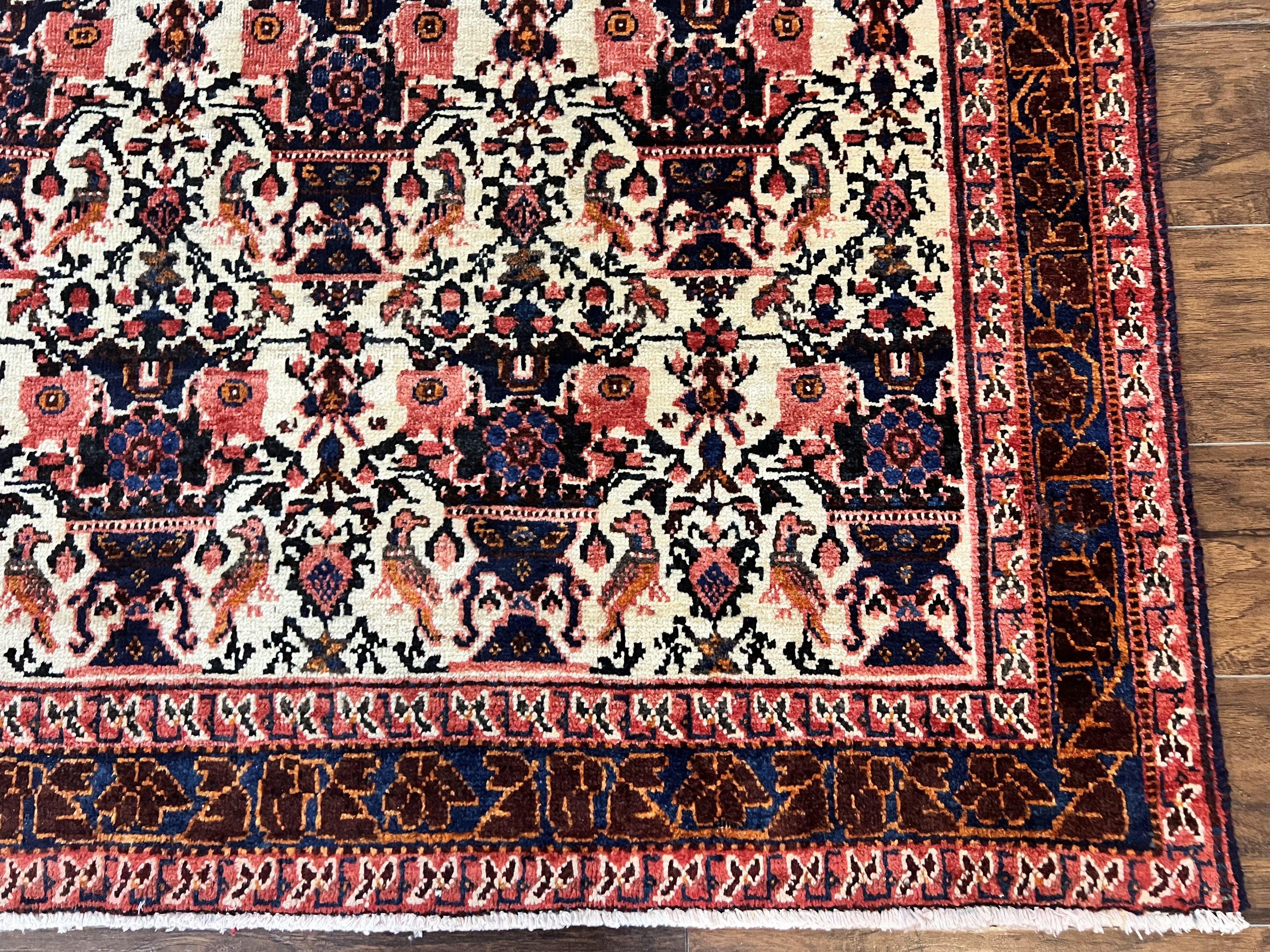 Persian Afshar Rug 6x8, Wool Hand Knotted Semi Antique Vintage Carpet, Floral Allover, Repeated Birds Flowers Vases Motifs