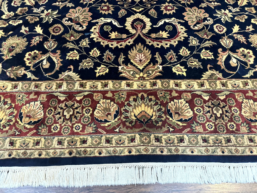 Indo Persian Rug 8x10, Navy Blue and Red, Floral Allover, Hand Knotted Vintage Wool Carpet, Indo Sarouk