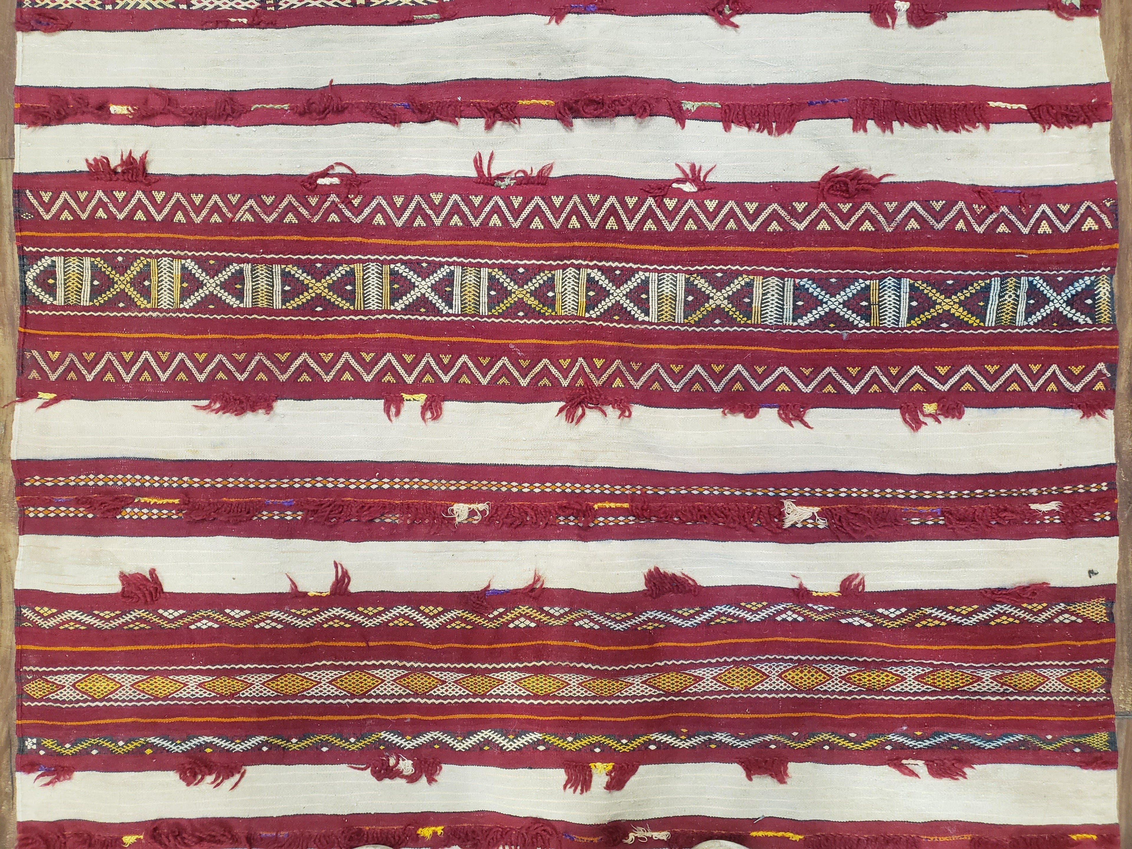 Antique Turkoman Yamud Rug 3x5 ft, 1920s Turkmen Sofreh Table Cover, Bohemian Rug, Tribal Collectible, Striped Rug, Handmade Ivory and Red