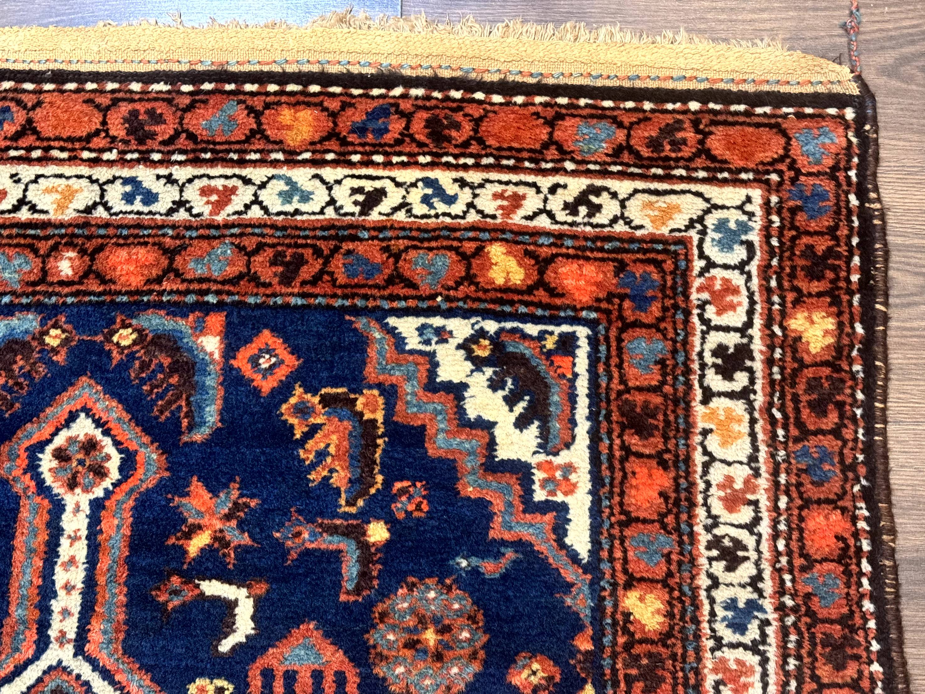 Antique Persian Hamadan Rug 4x6, Geometric, Double Medallions, Navy Blue, Tribal Carpet