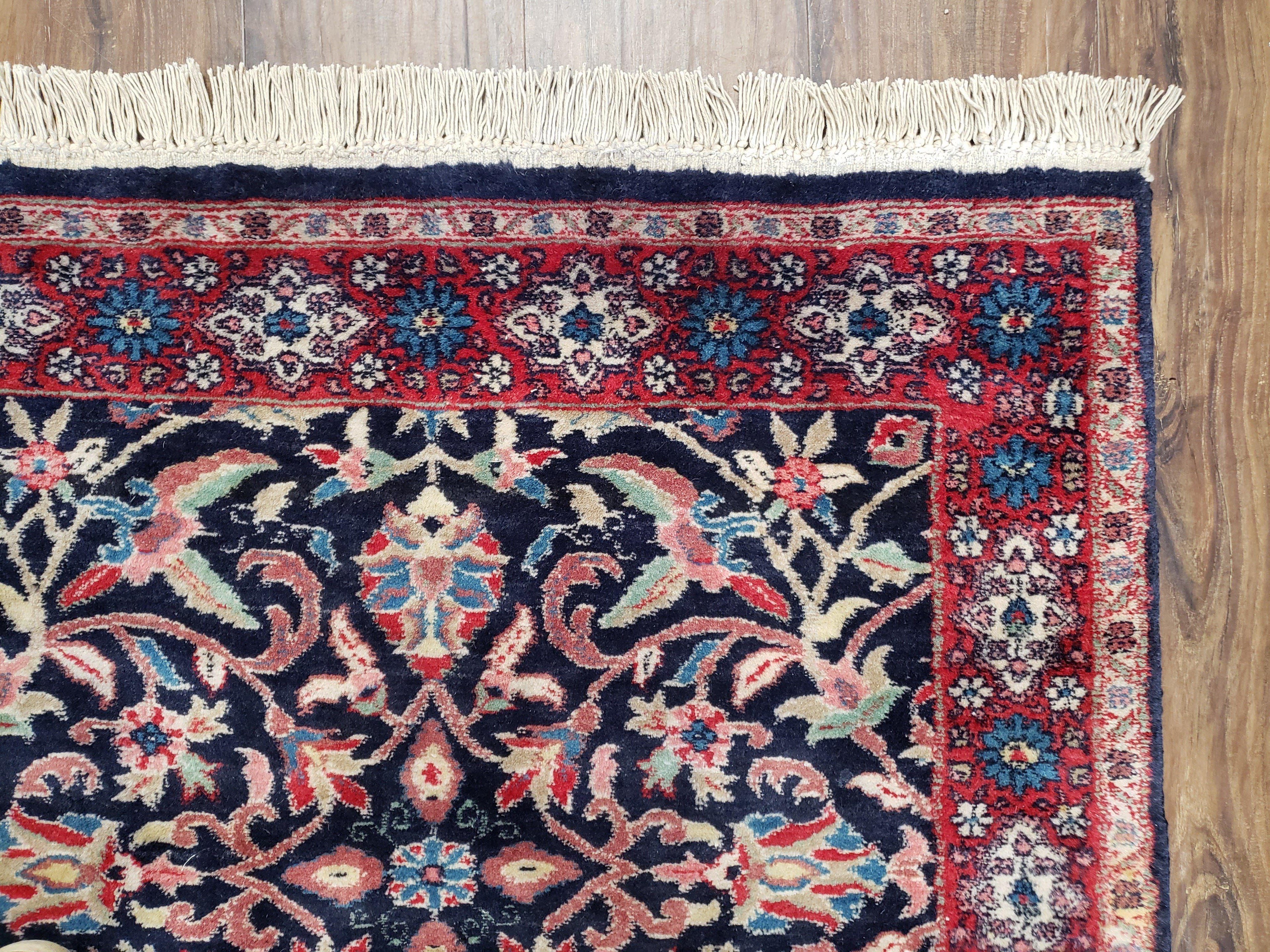 Antique Persian Sarouk Rug 3x5, Navy Blue, Allover Pattern, Hand Knotted