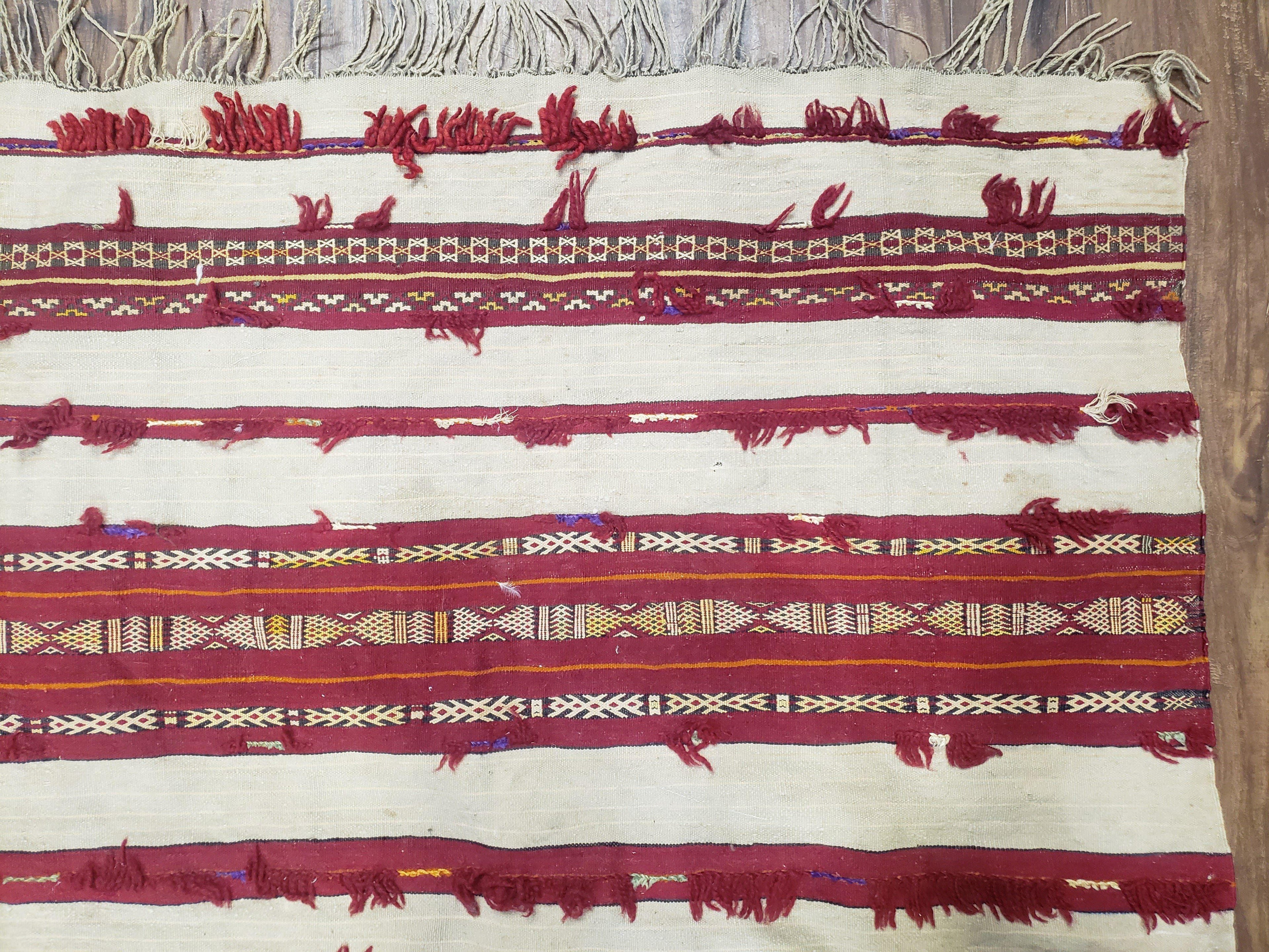 Antique Turkoman Yamud Rug 3x5 ft, 1920s Turkmen Sofreh Table Cover, Bohemian Rug, Tribal Collectible, Striped Rug, Handmade Ivory and Red