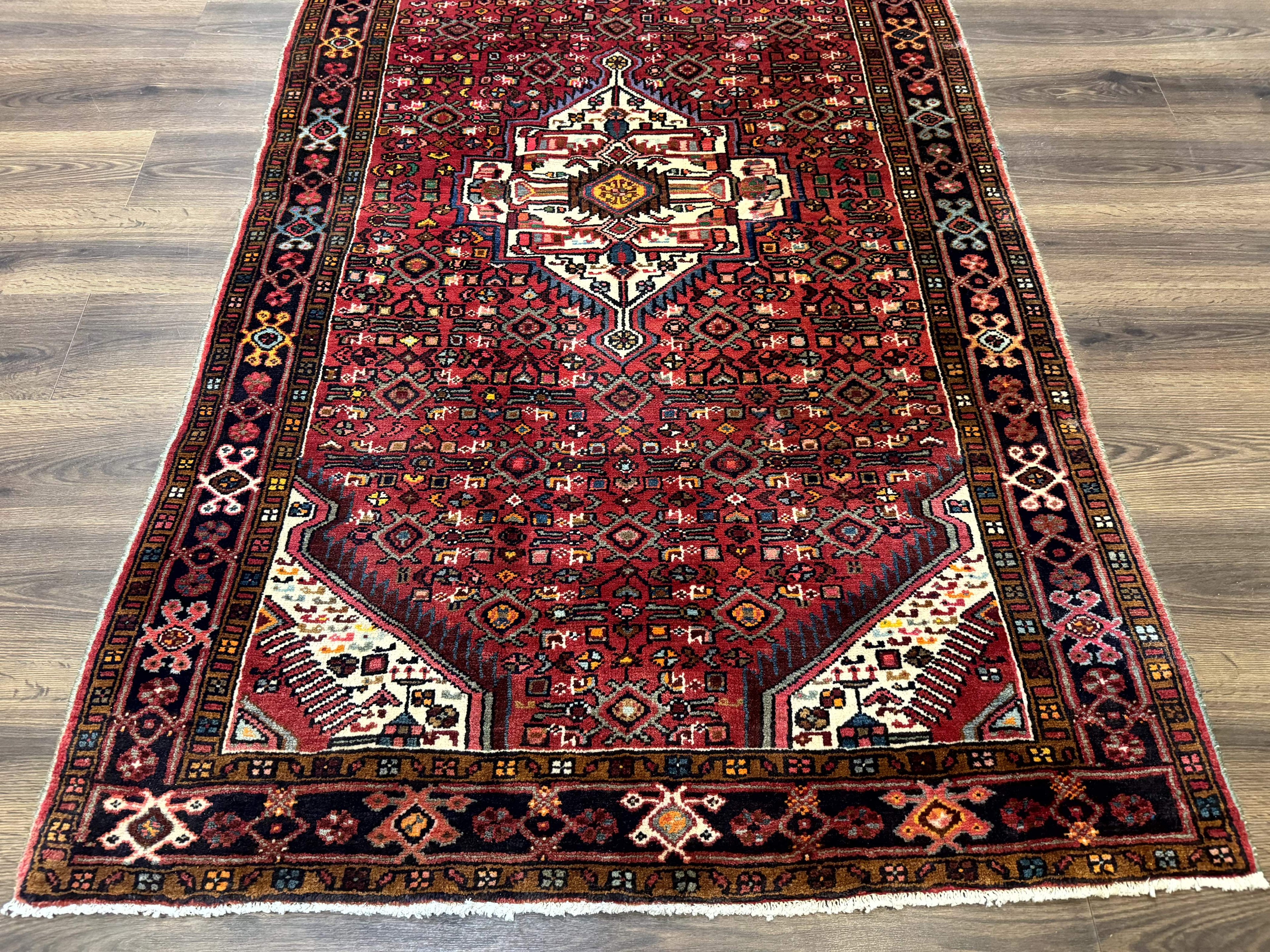 Persian Hamadan Rug 4x7, Tribal Village Malayer Carpet, Red and Ivory, Bohemian Antique