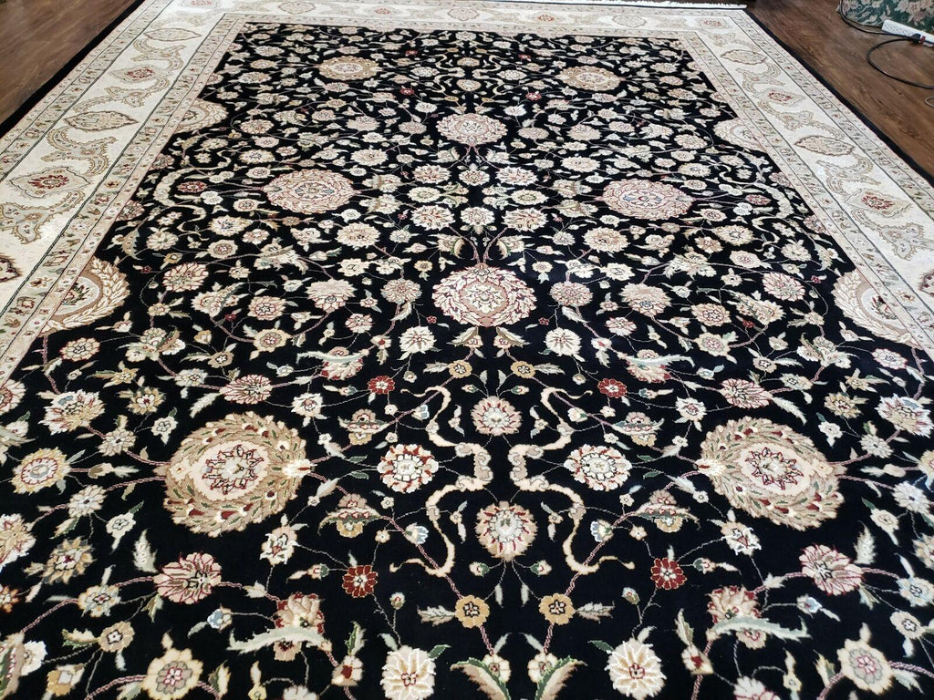 8' 5" X 11' 6" Vintage Handmade Oriental Floral Wool Rug Silk Accent Black Nice