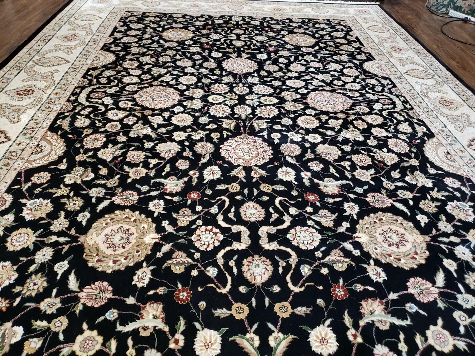 8' 5" X 11' 6" Vintage Handmade Oriental Floral Wool Rug Silk Accent Black Nice