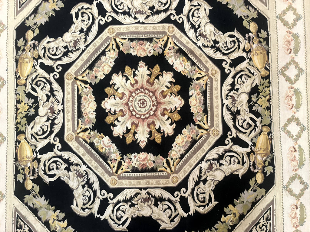 Aubusson Rug 6x8, European Design, Lion Pictorials, Black