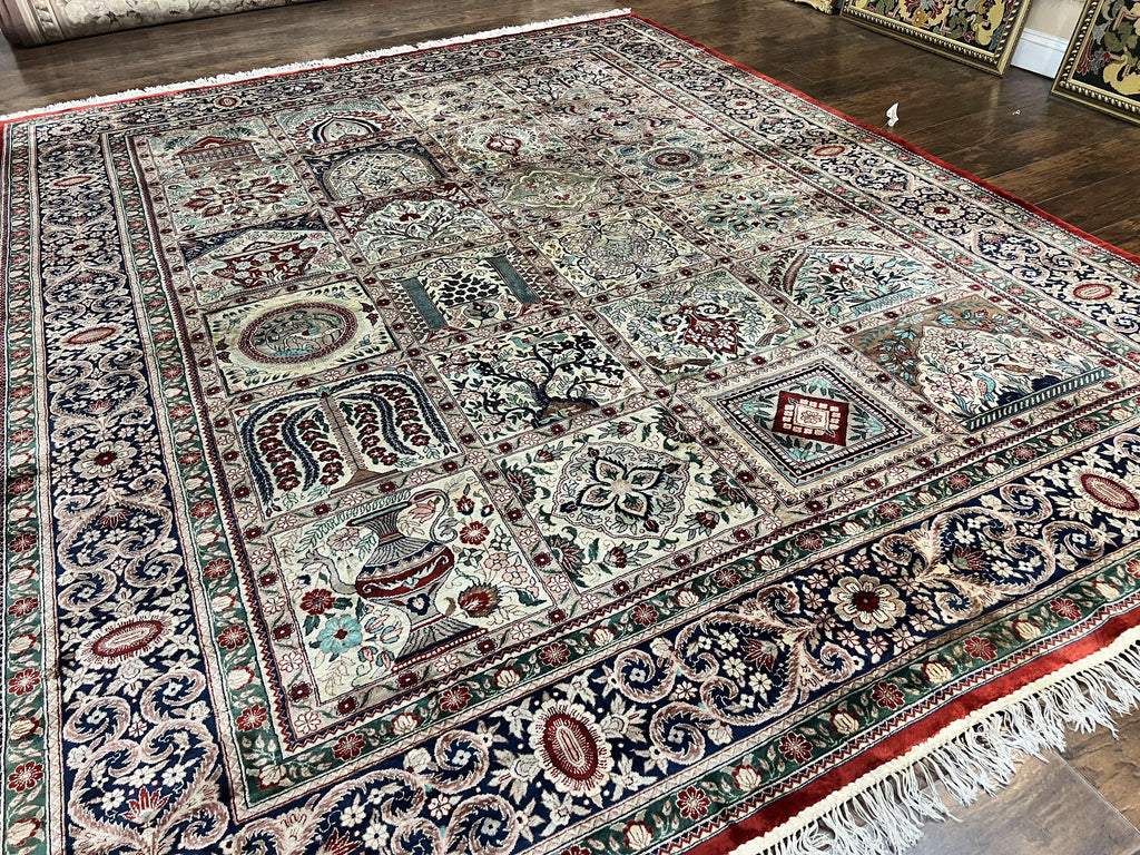 Silk Sino Persian Rug 9x12, Panel Design, Garden of Eden Pattern, Fine 200 KPSI, Hand Knotted Room Sized Silk Carpet, Vintage