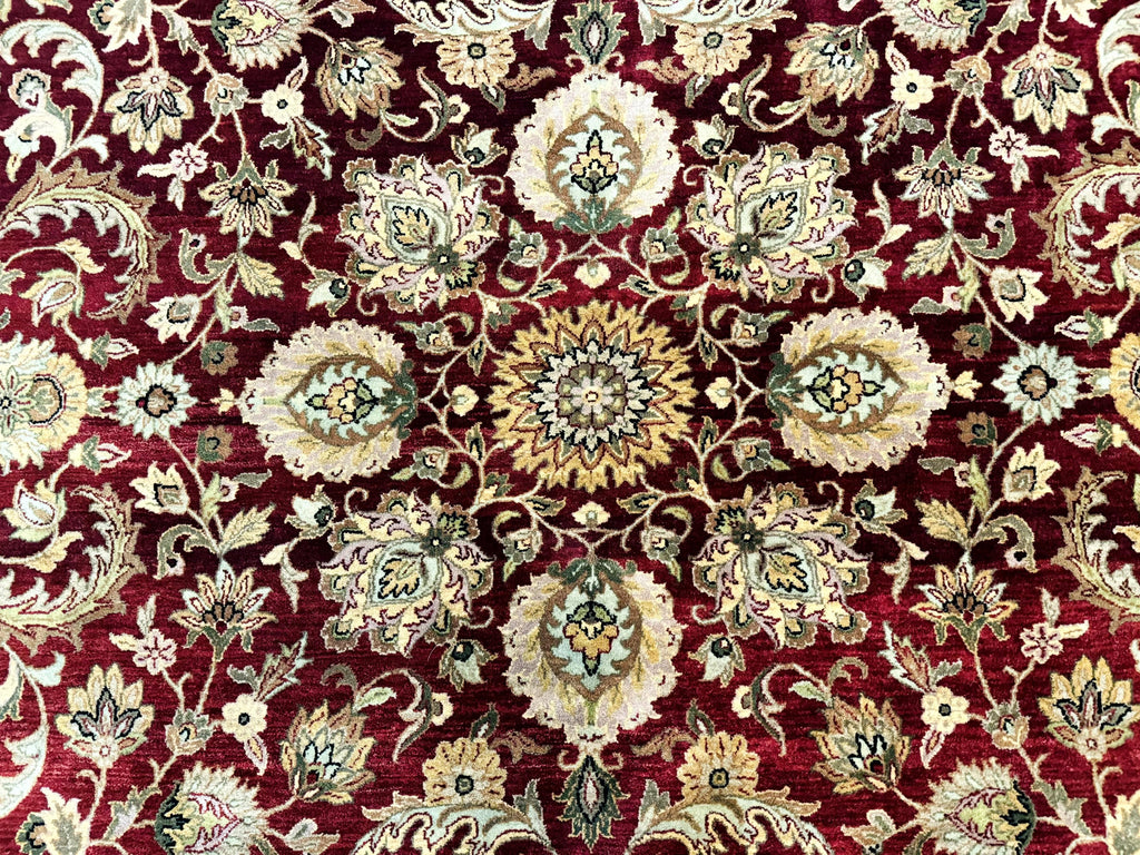 Indian Agra Rug 10x14, Traditional Oriental Carpet, Room Sized Wool Area Rug, Floral, Maroon