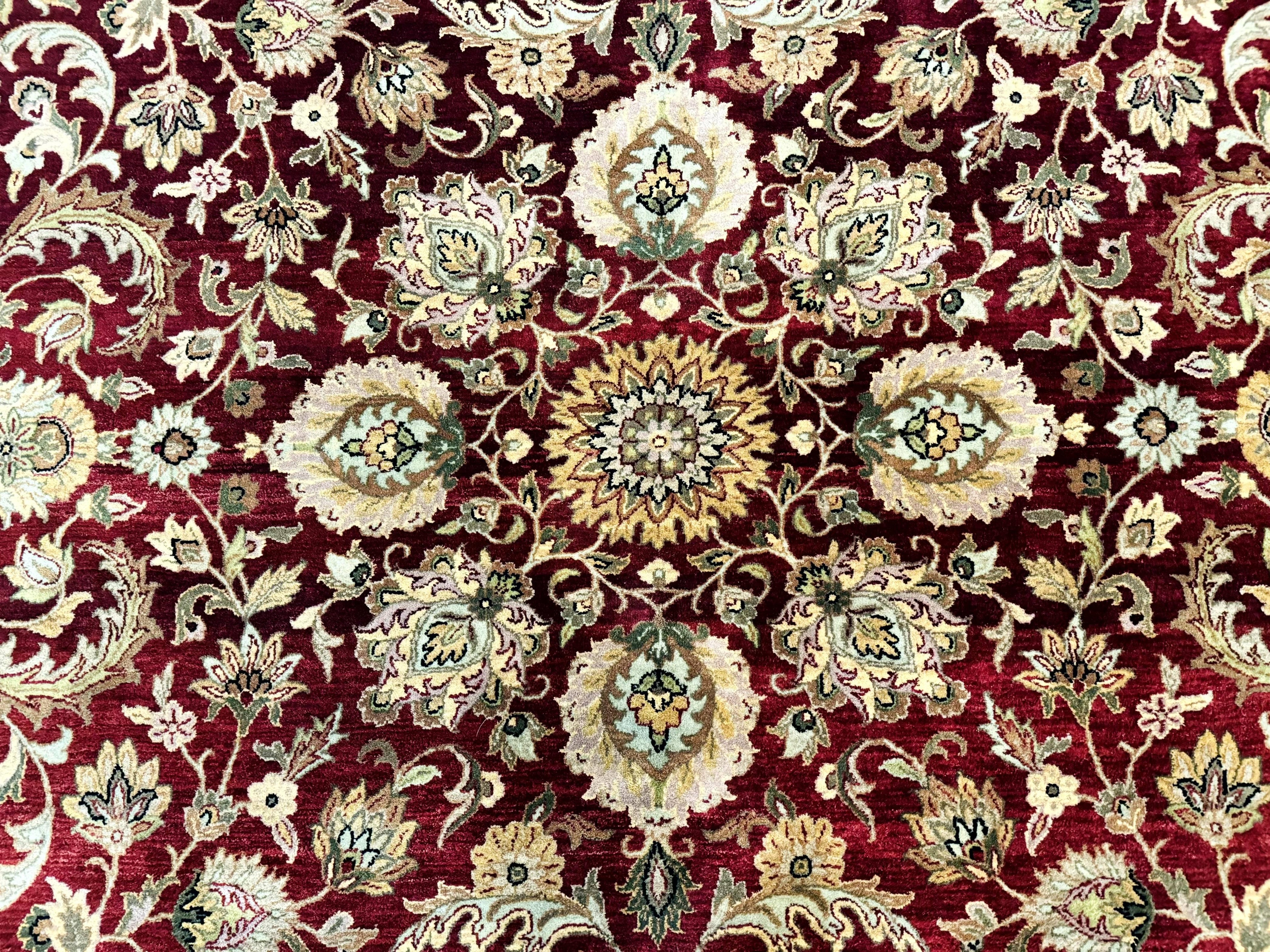 Indian Agra Rug 10x14, Traditional Oriental Carpet, Room Sized Wool Area Rug, Floral, Maroon