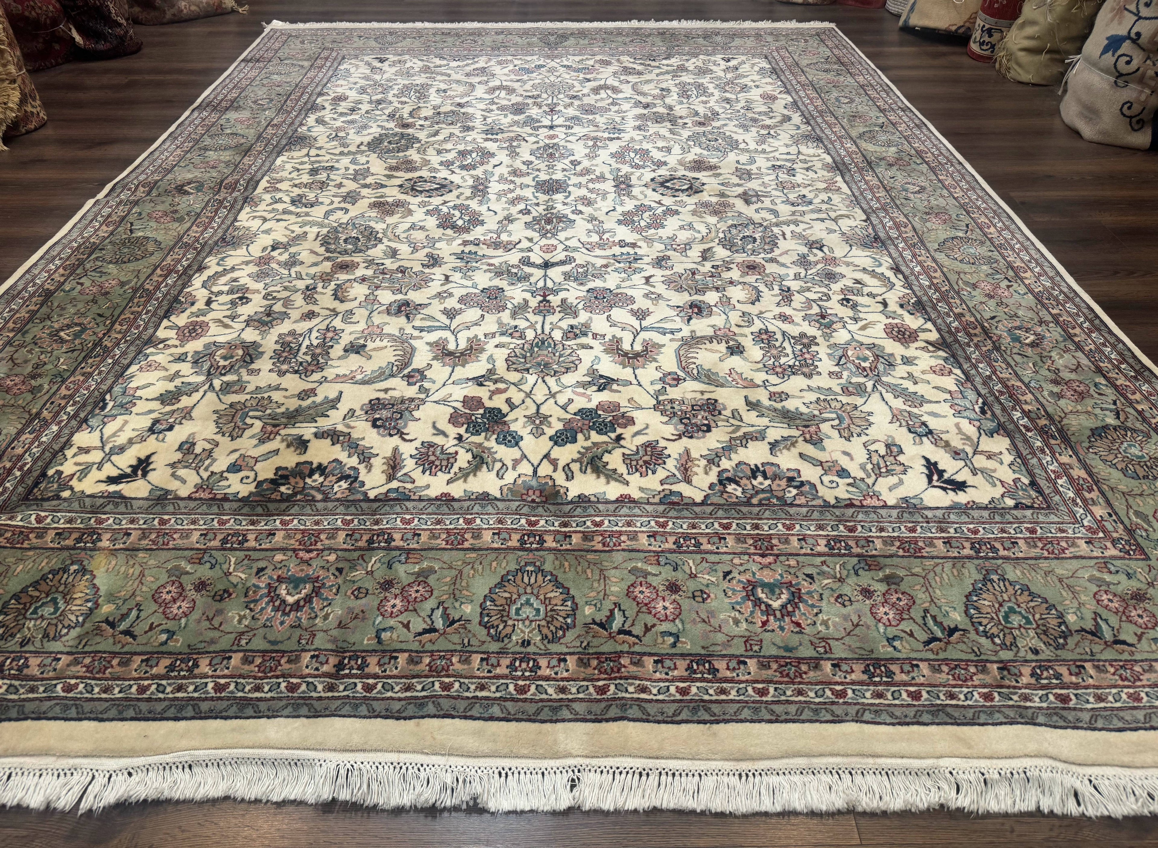 Indo Persian Rug 9x12, Allover Floral Pattern, Ivory & Green, Traditional Oriental Carpet